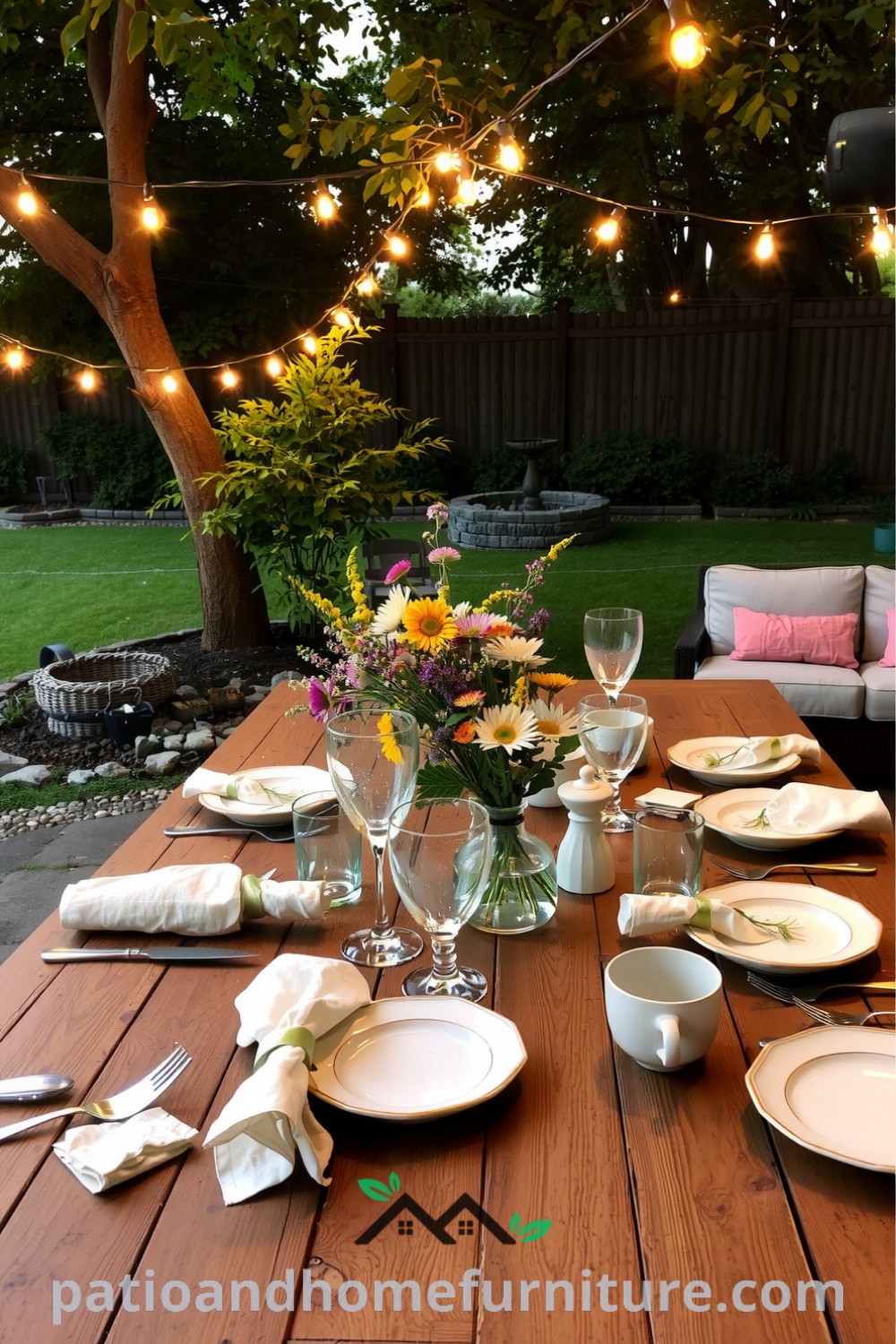 Cozy backyard dinner setup with a rustic wooden table, mismatched dinnerware, glowing fairy lights, and a wildflower centerpiece, creating an inviting atmosphere for outdoor gatherings. Explore more cozy ideas at fireplacesandwoodstoves.com.
