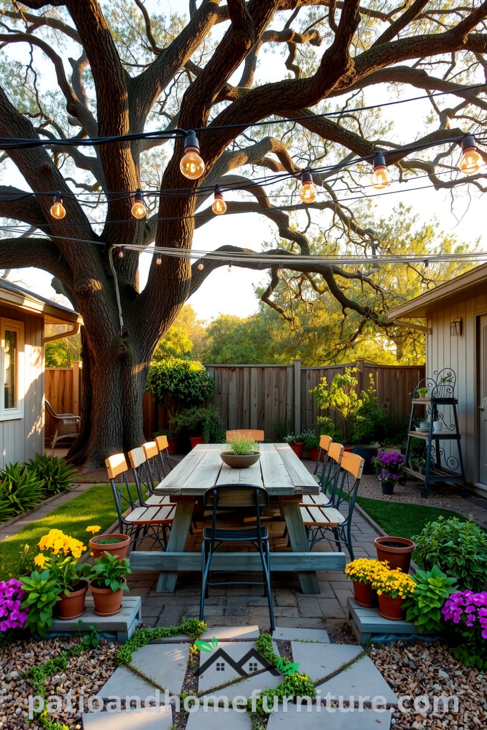 Cozy backyard setting with a wooden picnic table, mismatched chairs, and twinkling string lights, surrounded by potted herbs and colorful blooms along a stone pathway, offering unique ideas for a cozy home atmosphere. Visit fireplacesandwoodstoves.com for more cozy decor inspirations.