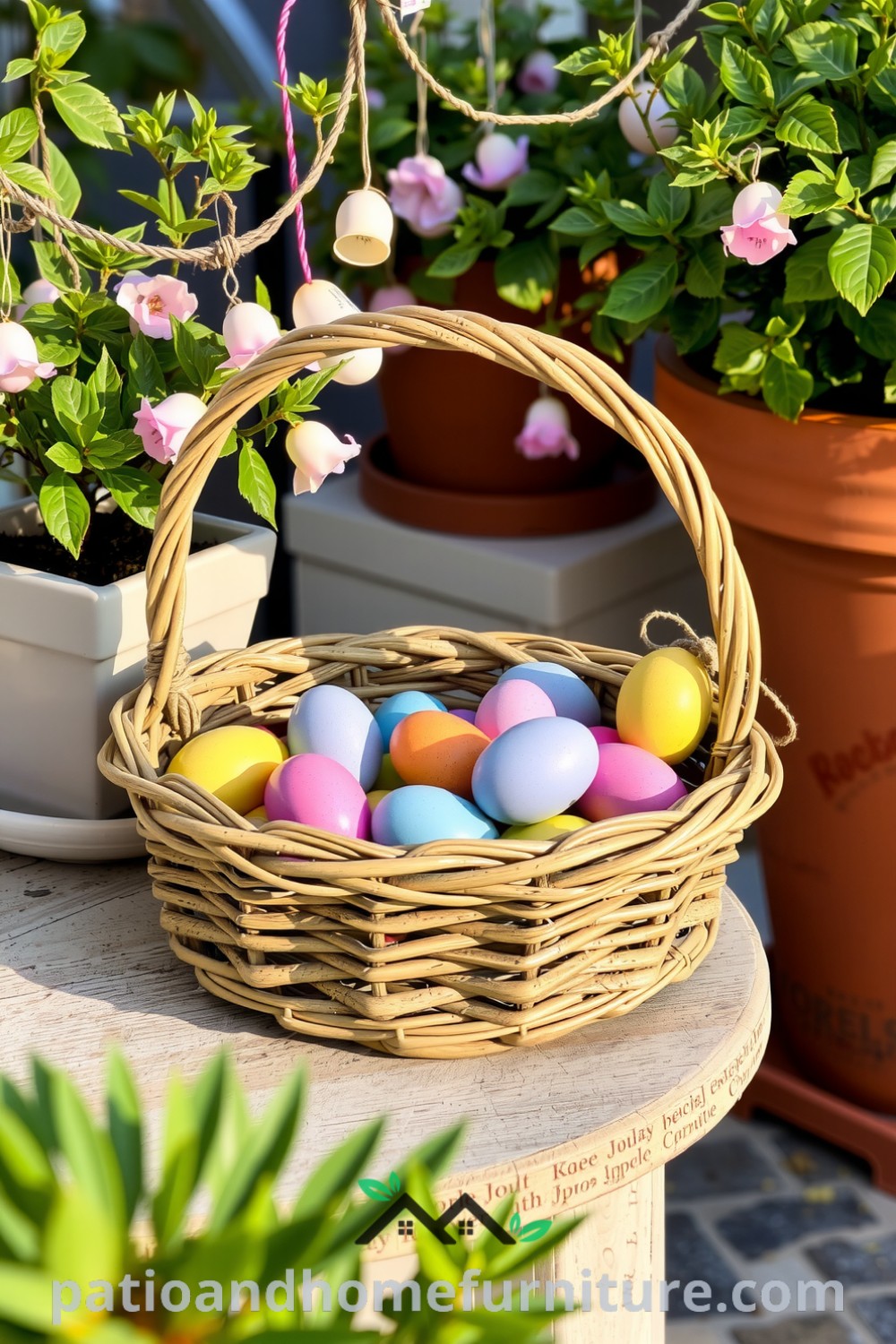 Colorful Easter eggs in a rustic wicker basket on a weathered wooden table, surrounded by glistening potted plants with pastel decorations, creating a cozy atmosphere perfect for celebrating the holiday, inspired by cozy ideas and decor inspirations from fireplacesandwoodstoves.com.