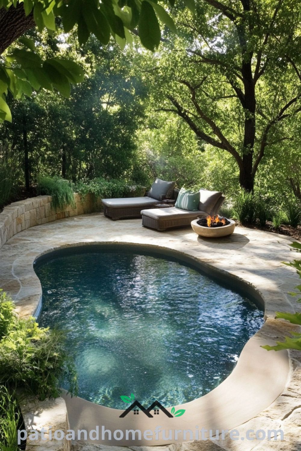 Inviting backyard oasis design with an inground pool, cozy fire pit, and lush landscaping from patioandhomefurniture.com, emphasizing ideas for your home, outdoor living space, and pool patio ideas.