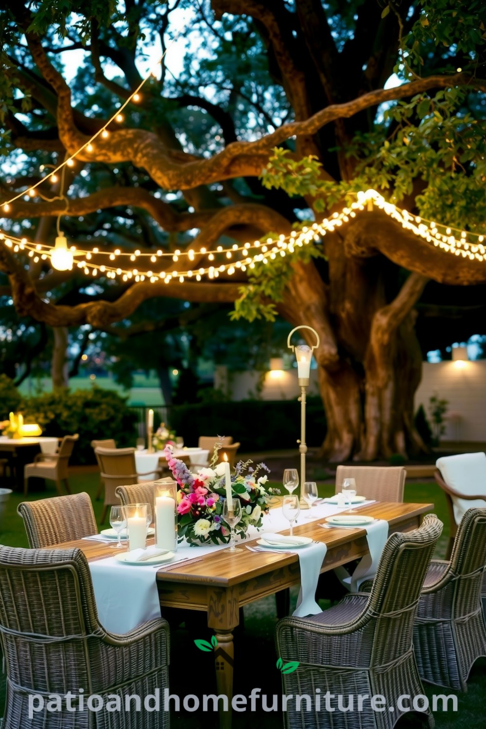 Elegant outdoor dinner party featuring a weathered wooden table with linen tablecloths, wildflower centerpieces, and wicker chairs under twinkling fairy lights, creating a cozy ambiance perfect for gatherings, with decor inspirations for unique ideas for your home from fireplacesandwoodstoves.com.