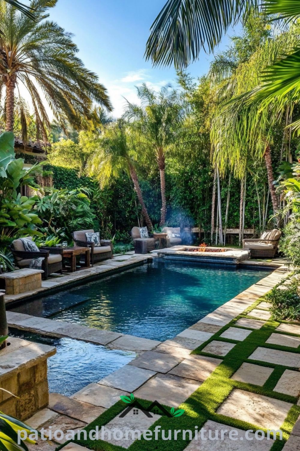 Idyllic tropical backyard oasis with a small pool design, lush landscaping, and cozy fire pit from patioandhomefurniture.com, showcasing inviting outdoor living space and inspiring pool patio ideas.
