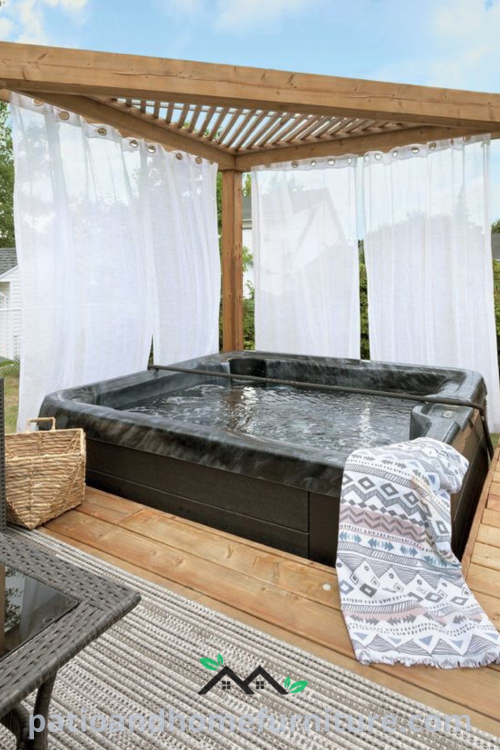 Cozy hot tub on a wooden deck surrounded by greenery and privacy screens, featuring inviting decor elements for a serene backyard retreat, presented with unique design ideas and inspirations from wellnesswink.com.