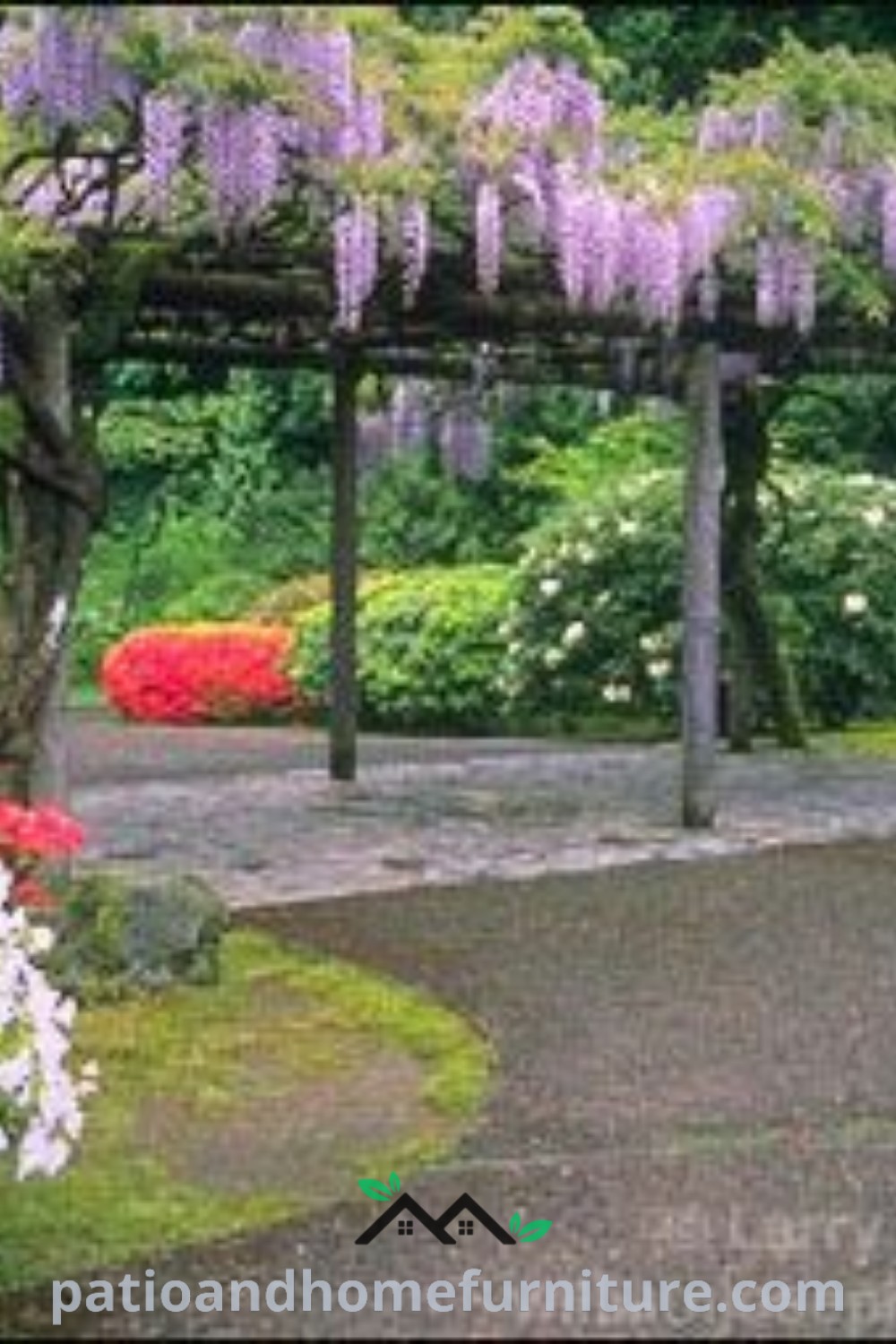 A charming garden with a pergola covered in purple wisteria, surrounded by colorful flowers and trees, offering inspiring decor ideas for a cozy outdoor space, showcasing beautiful garden design inspirations at wellnesswink.com.