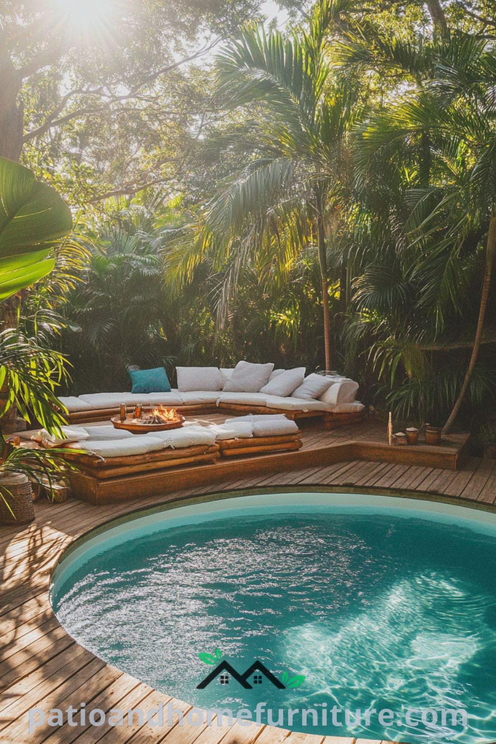 Tropical backyard oasis featuring an inviting above ground pool, cozy fire pit, lush landscaping, and elegant pool patio ideas from patioandhomefurniture.com.