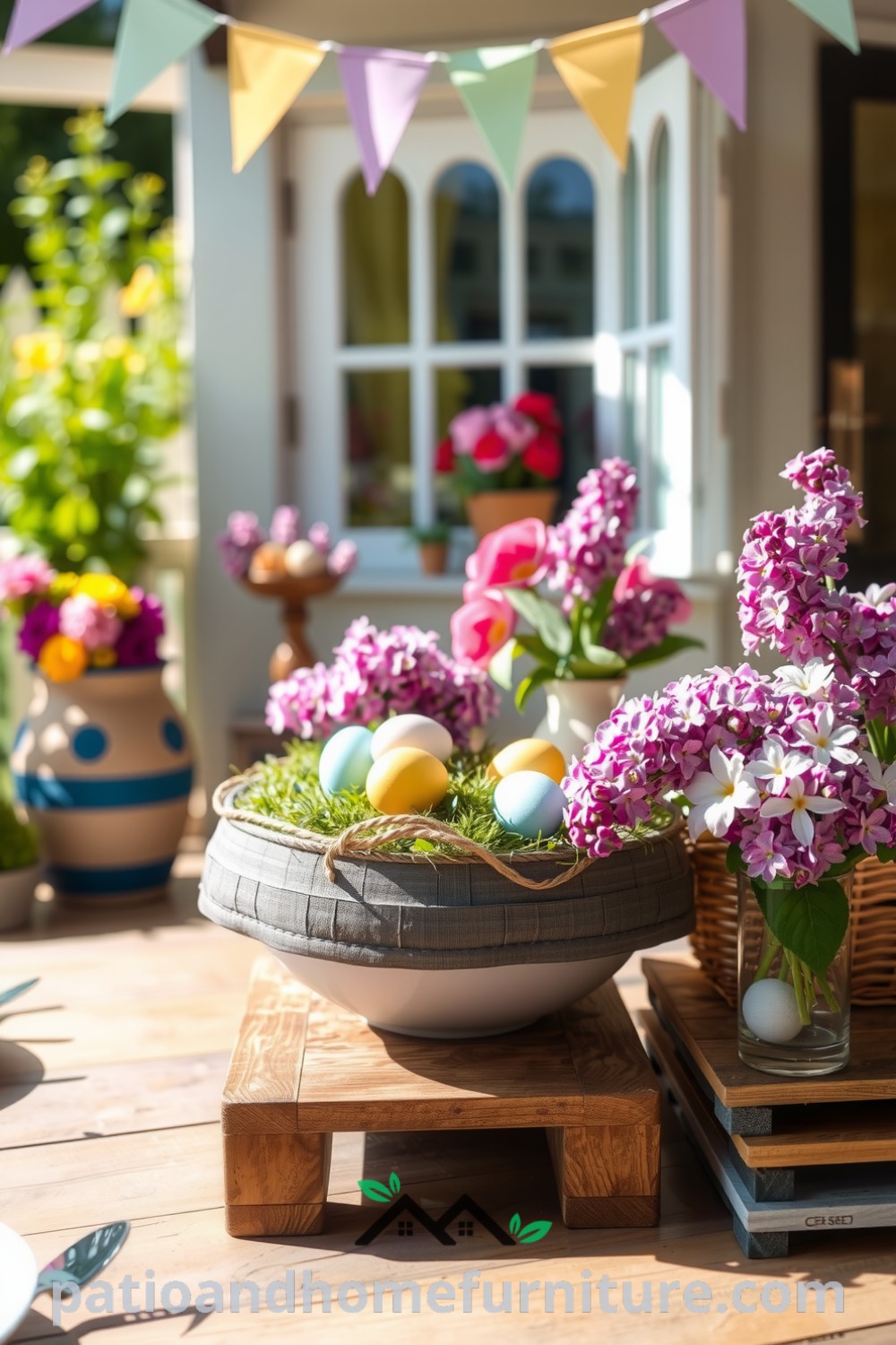 Colorful Easter eggs on a rustic table surrounded by vibrant spring flowers and pastel bunting on a sun-drenched patio, creating a cozy atmosphere perfect for gatherings with loved ones, featuring decor inspirations for a festive home from fireplacesandwoodstoves.com.