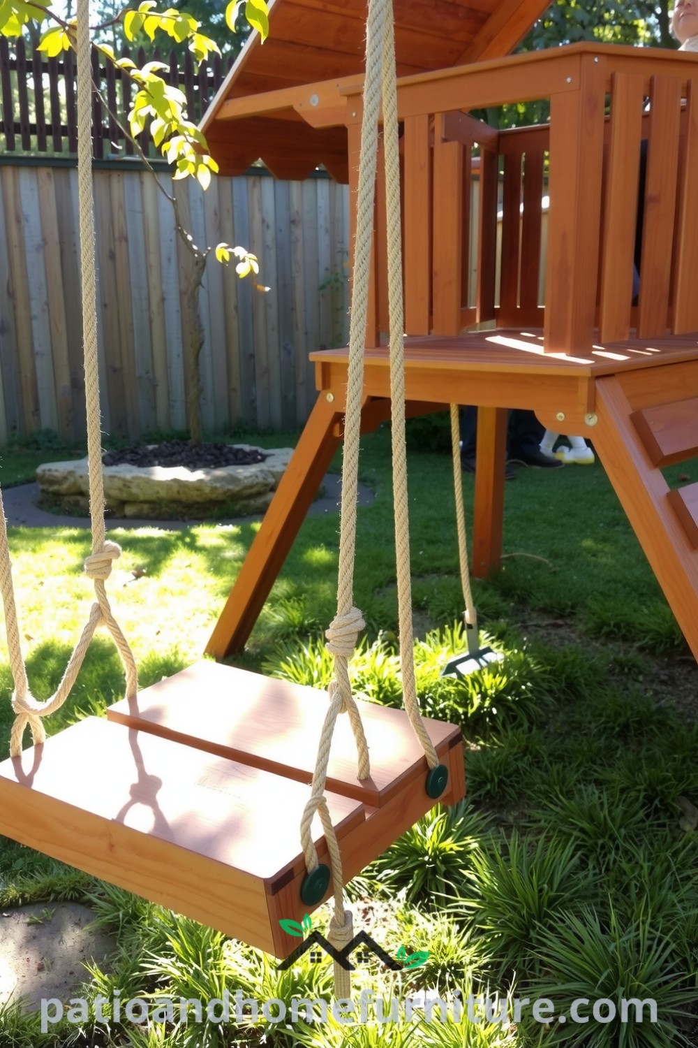 Classic wooden playset in a sunlit backyard, highlighting its rich cedar grain and the inviting atmosphere created by worn grass and playful swings, perfect for families seeking cozy ideas for outdoor fun at fireplacesandwoodstoves.com.