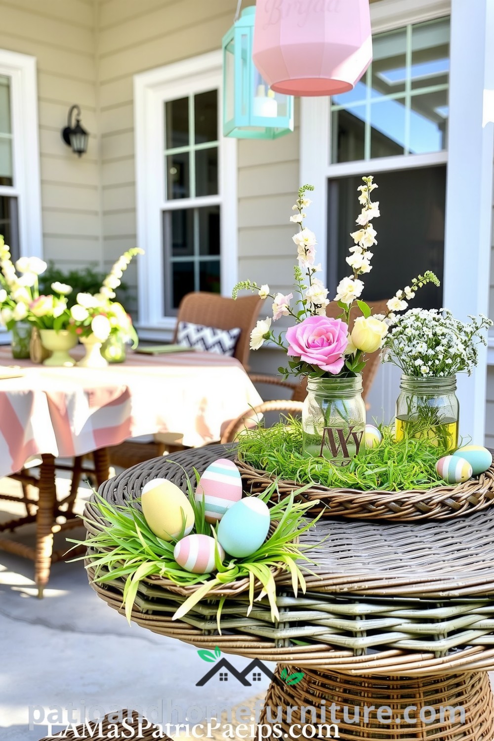 Outdoor patio decorated for Easter with hand-painted wooden eggs in spring grass, a rustic wicker table covered with a pastel tablecloth, floral arrangements in mason jars, and glowing pastel lanterns swaying lightly in the breeze, offering cozy design ideas for your home at fireplacesandwoodstoves.com.
