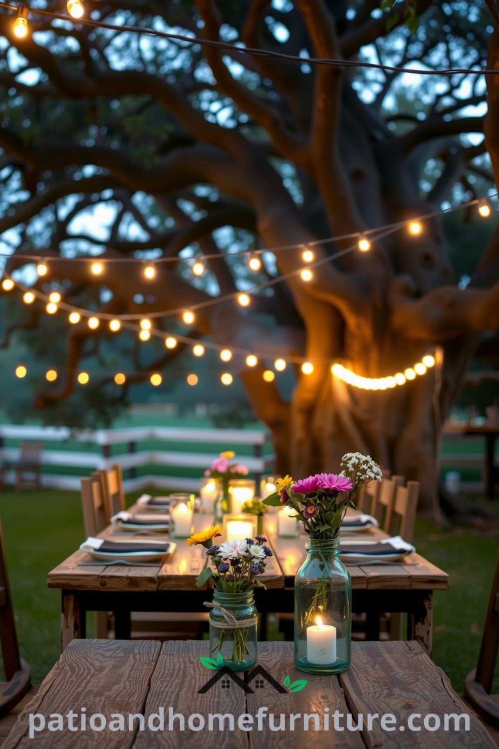 Romantic outdoor dining setup beneath fairy lights, featuring a rustic wooden table with wildflowers in mason jars, creating a magical ambiance perfect for cozy evenings, as seen on fireplacesandwoodstoves.com.