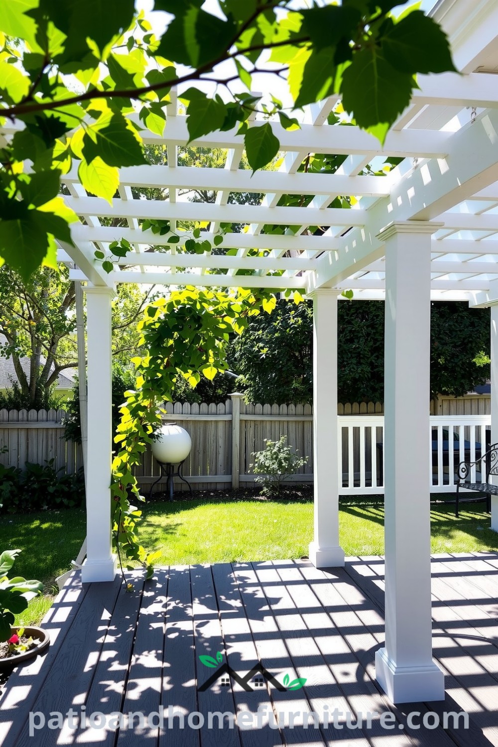 Vinyl pergola in a backyard with white columns, climbing vines, and a weathered wooden deck, creating a cozy outdoor retreat perfect for relaxation and gatherings, with floral scents and gentle shadows, from fireplacesandwoodstoves.com.