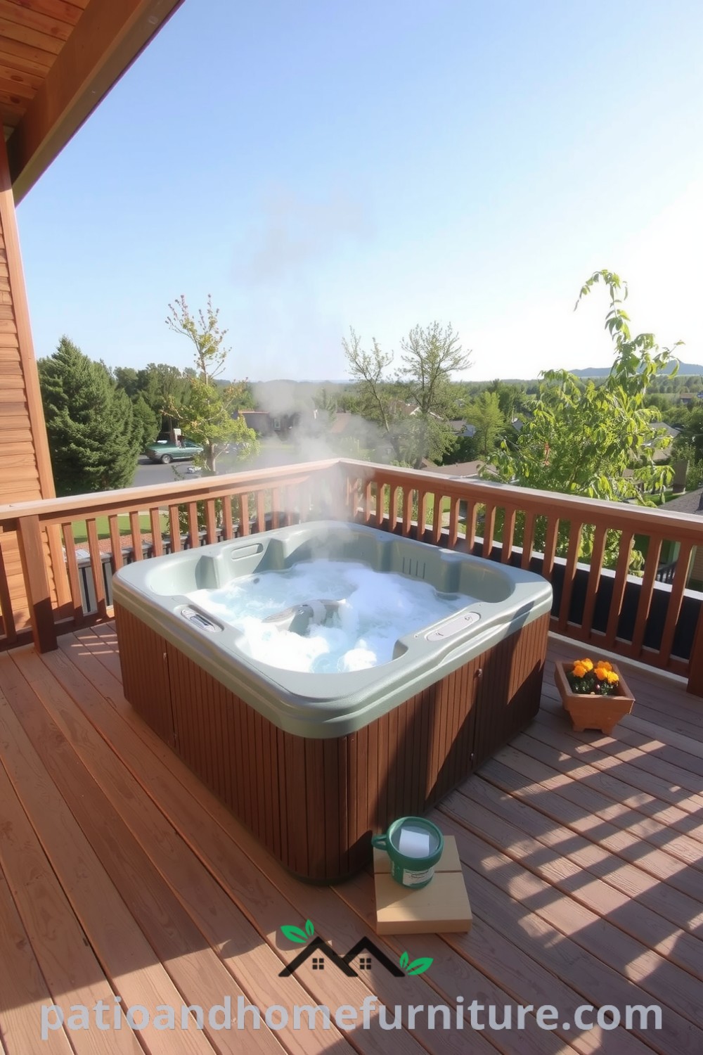 Cozy hot tub on a wooden deck surrounded by greenery, steam rising from the water, creating a comforting and inviting retreat, ideal for relaxation and inspiration for your home at fireplacesandwoodstoves.com.