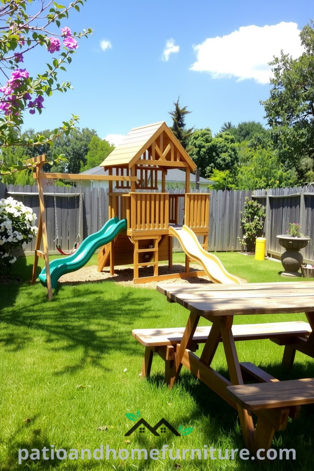 Colorful multi-activity play center in a sun-drenched backyard, featuring wooden slides, climbing walls, and swings, surrounded by lush grass and blooming flowers, offering cozy ideas for family fun and outdoor activities at fireplacesandwoodstoves.com.