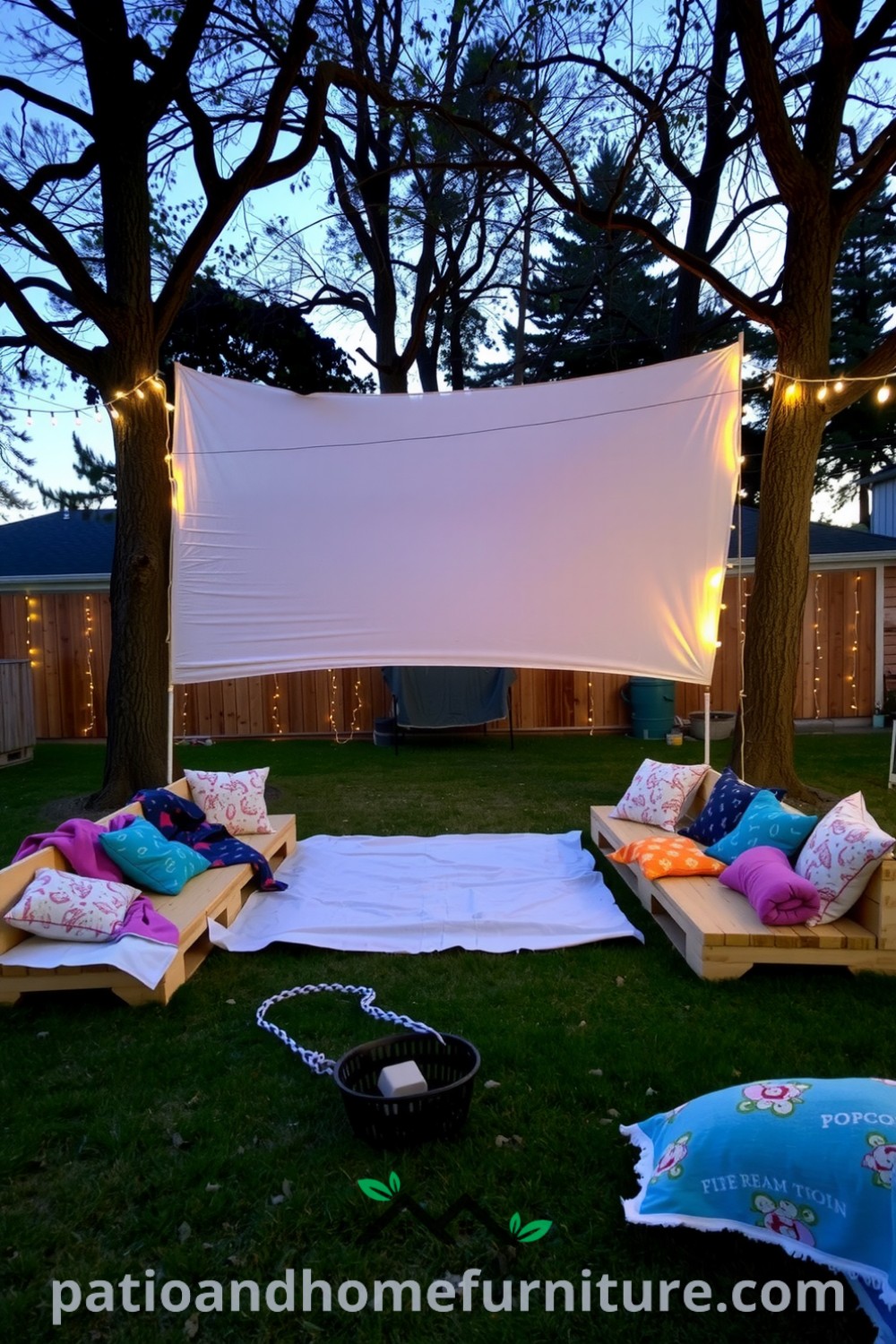 Backyard outdoor movie setup featuring a white sheet screen between trees, plywood plank seating with colorful blankets and pillows, surrounded by fairy lights, creating a cozy and inviting atmosphere perfect for a fun evening, showcasing inspiring ideas for your home at fireplacesandwoodstoves.com.