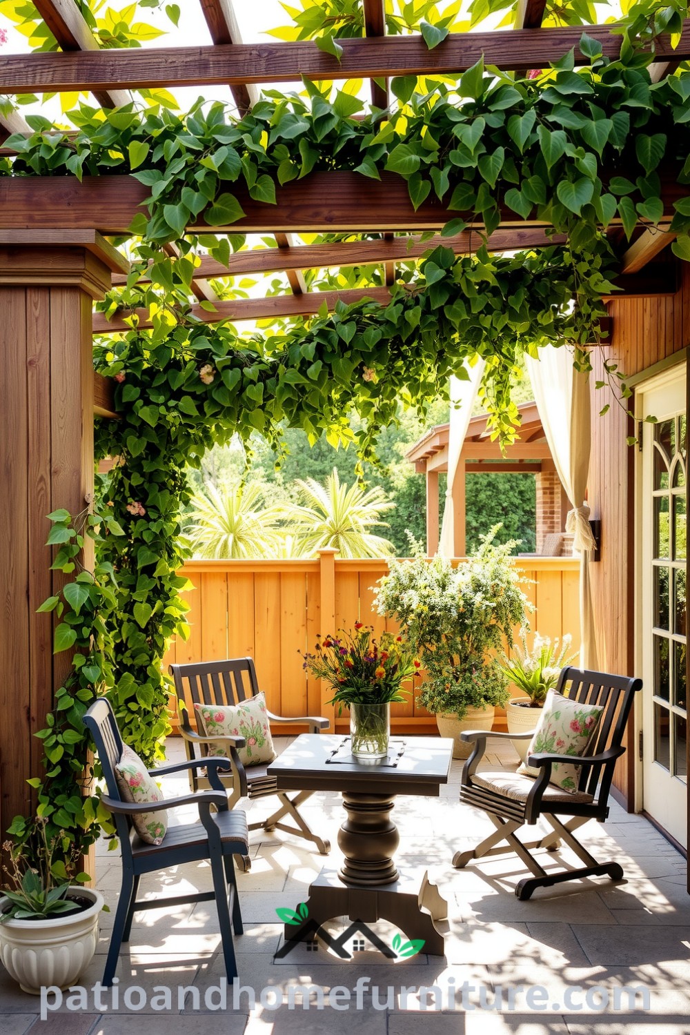A cozy patio with a floral vinyl pergola, rustic wooden table with wildflowers, and lush climbing vines creating an inviting space, ideal for gatherings and relaxing afternoons, showcasing unique decor ideas for your home at fireplacesandwoodstoves.com.