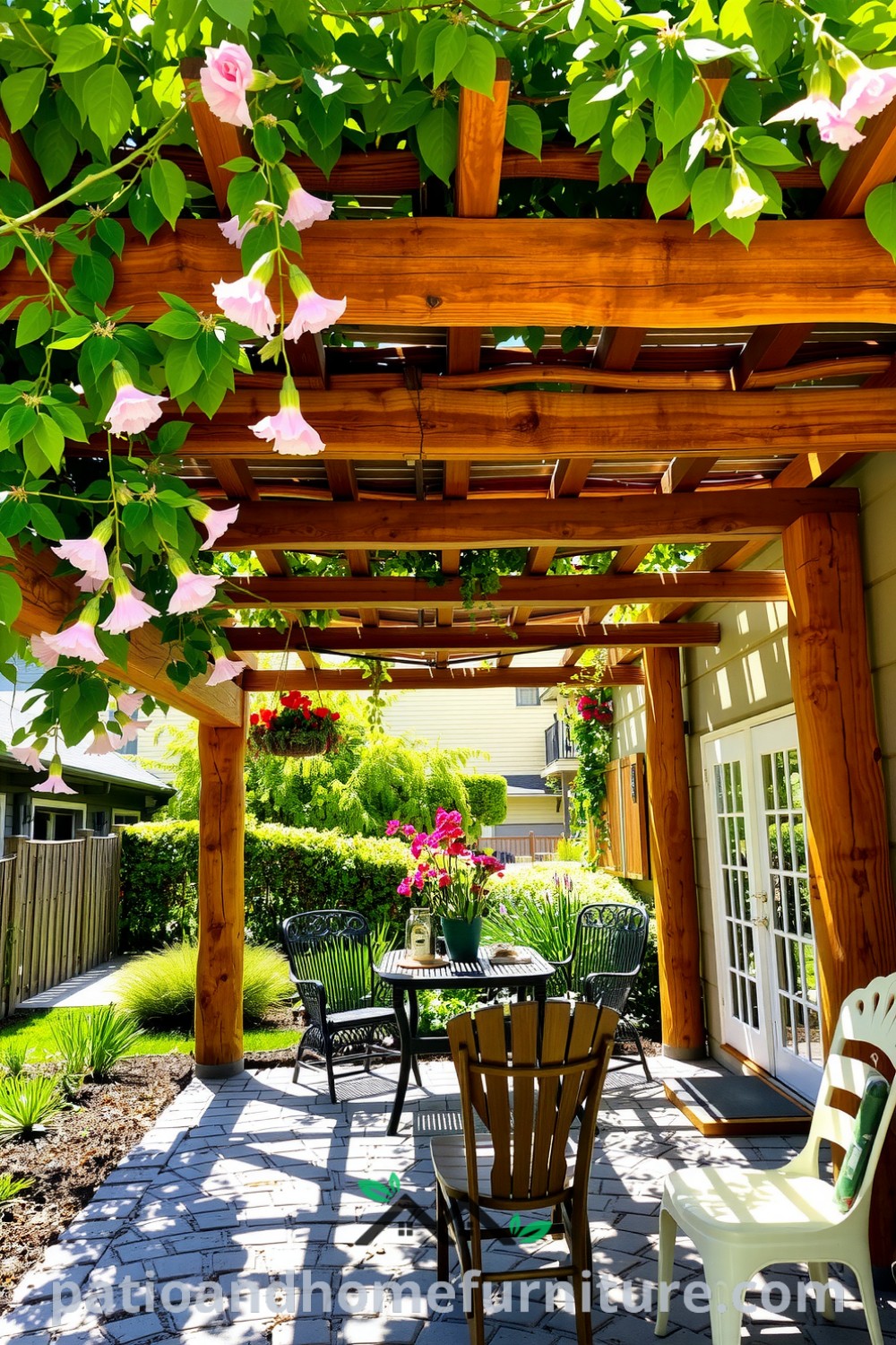 A beautiful wooden pergola adorned with climbing vines and colorful flowers frames a cozy backyard patio with mismatched chairs, showcasing inviting decor ideas for a serene outdoor retreat on fireplacesandwoodstoves.com.