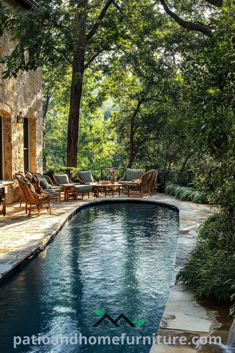 Inviting oasis with fire pit from patioandhomefurniture.com featuring a cozy outdoor living space, modern pool design, lush landscaping, and comfortable seating around the pool and hot tub.