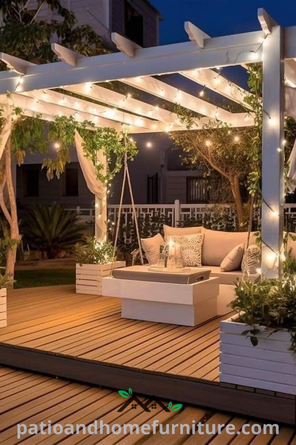 Charming outdoor living area featuring string lights on a pergola, vibrant potted plants, and cozy seating, creating an inviting atmosphere for gatherings or relaxation at wellnesswink.com.