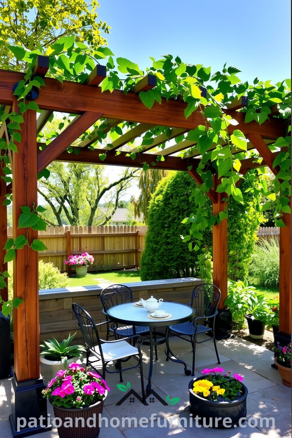 Wooden pergola in a garden entwined with green vines, set on a rustic stone patio with colorful potted flowers and a table prepared for afternoon tea, showcasing cozy design ideas for your home at fireplacesandwoodstoves.com.