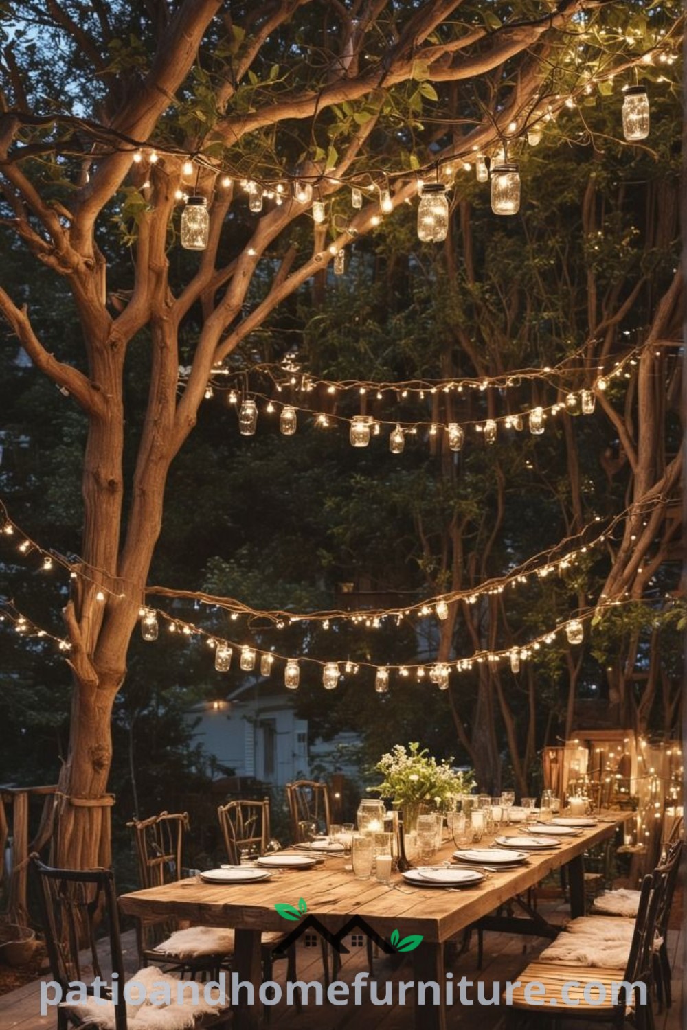Outdoor dining area adorned with string lights from trees and hanging mason jars above a table, creating a cozy and enchanting atmosphere, perfect for gatherings or romantic evenings, featured on wellnesswink.com.