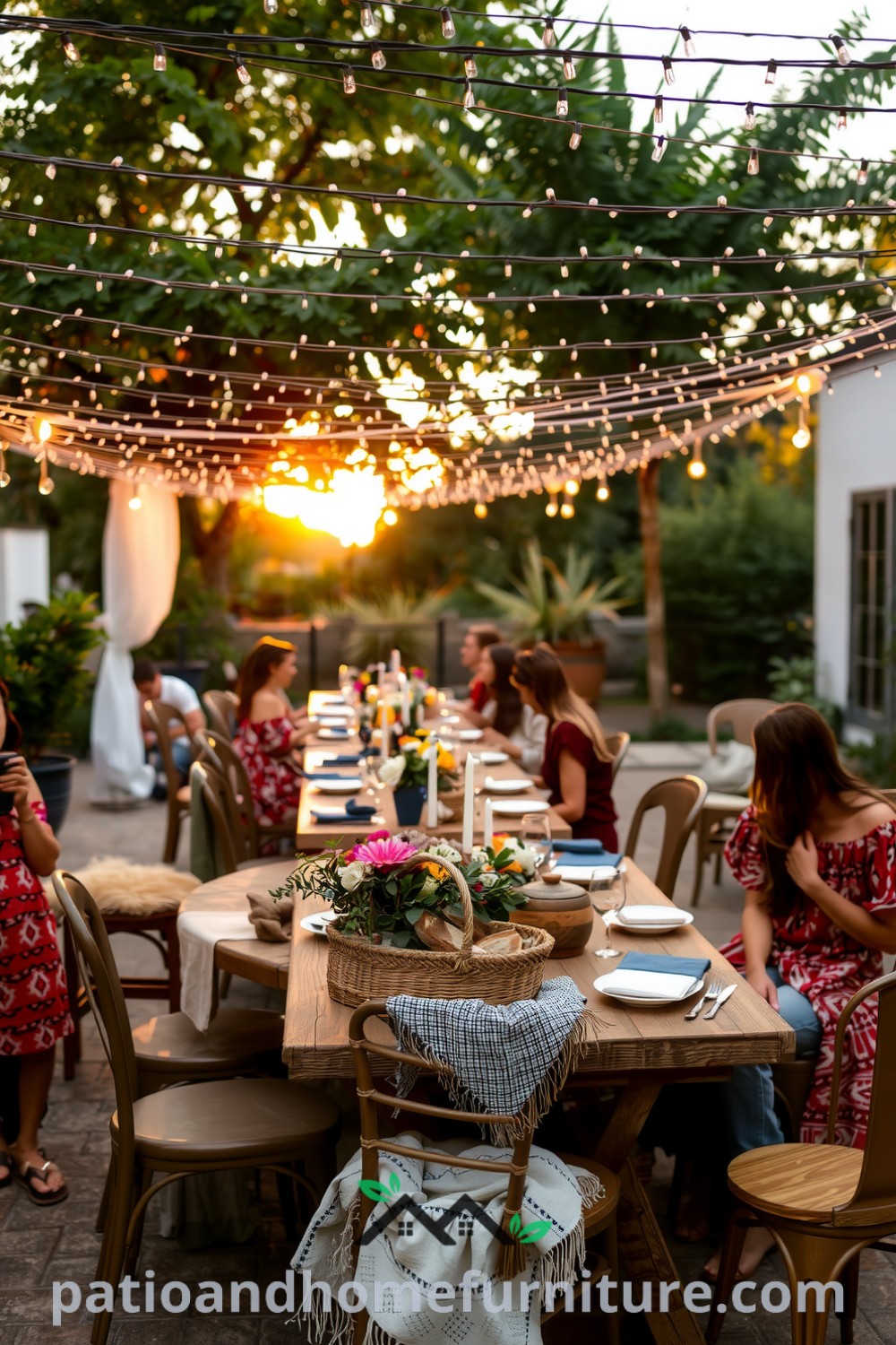 Boho outdoor patio dinner party with twinkling fairy lights, low wooden tables, and mismatched chairs surrounded by greenery, featuring woven baskets with fresh flowers and artisanal bread, creating a cozy and inviting atmosphere for gatherings. Visit fireplacesandwoodstoves.com for inspiring decor ideas.
