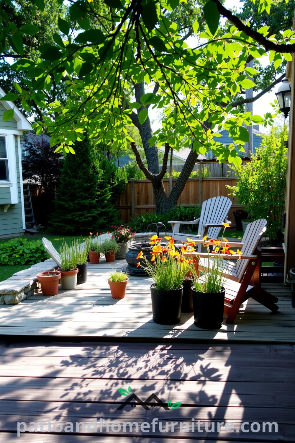 Tranquil backyard retreat with a weathered wooden deck, potted herbs, colorful wildflowers, a low stone wall, and a cozy fire pit surrounded by mismatched chairs, creating an inviting atmosphere for relaxation and gatherings, providing many decor ideas and inspirations for your home at fireplacesandwoodstoves.com.
