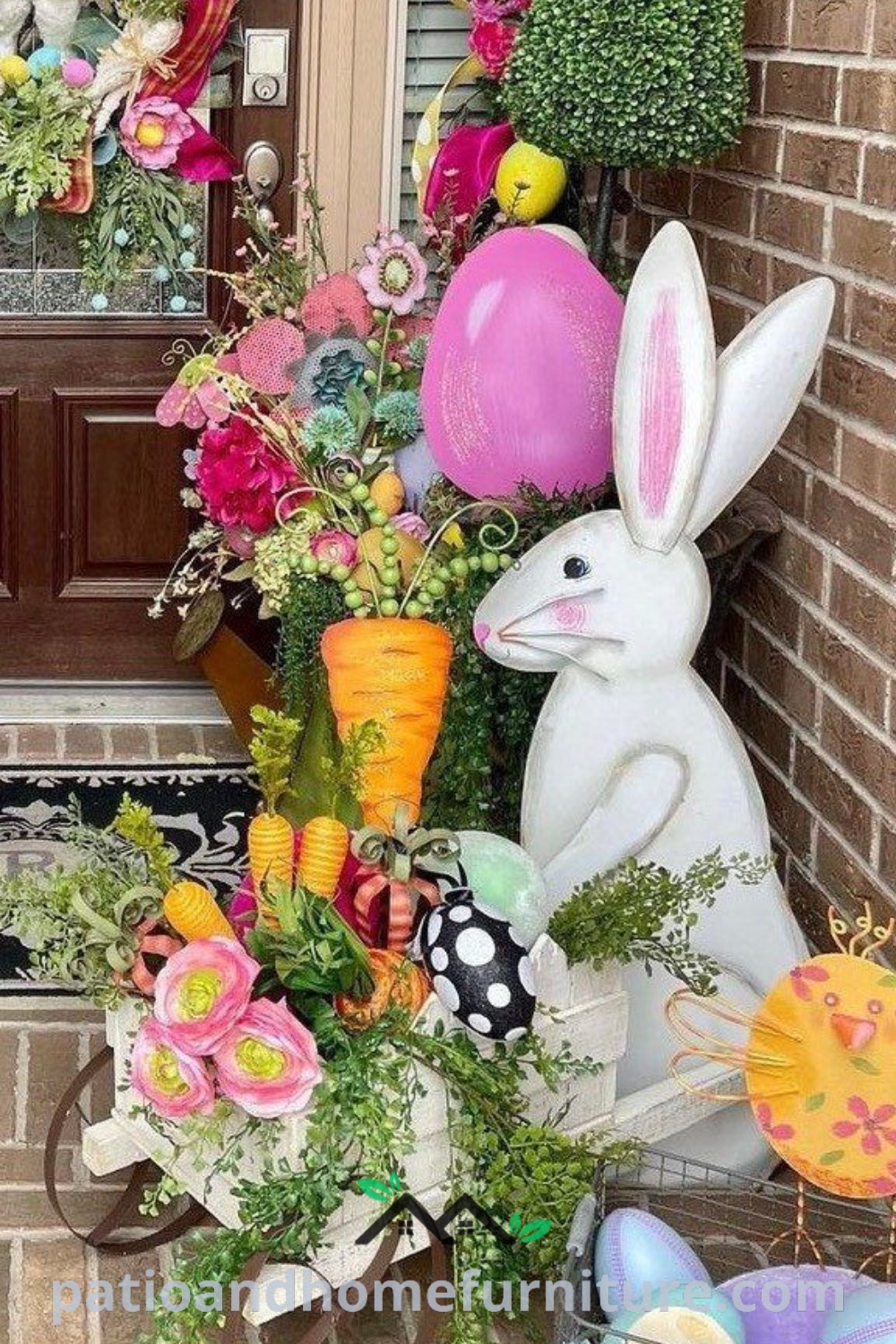 Easter porch decorated with vibrant flowers, playful bunny decorations, and colorful bunny ears, showcasing cozy ideas for a festive outdoor space, along with unique ideas and inspirations from wellnesswink.com.