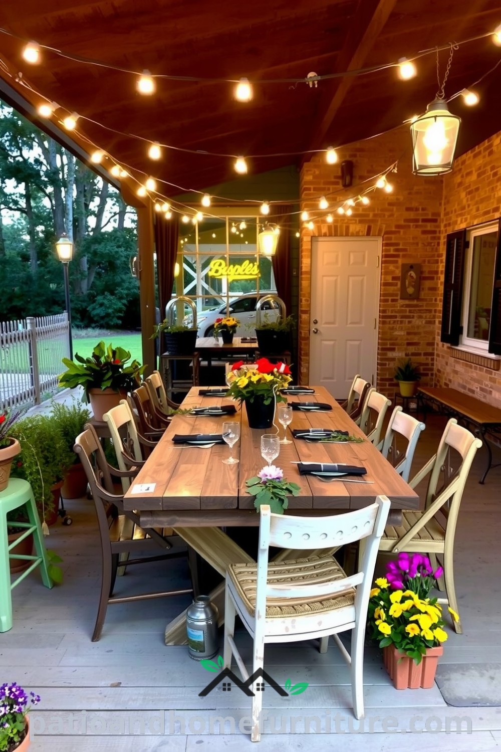 Rustic outdoor dining area with a weathered wooden table, mismatched chairs, twinkling string lights, and vibrant potted herbs and wildflowers, creating a cozy dinner setting perfect for gatherings, featured on fireplacesandwoodstoves.com.