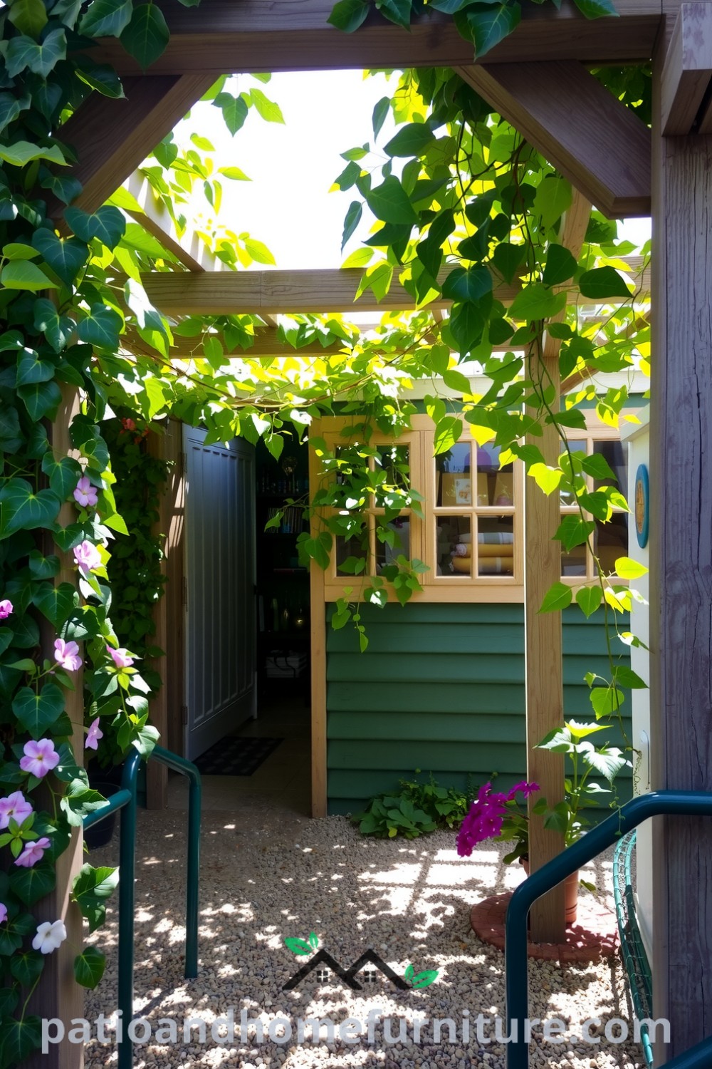 A cozy garden nook framed by a floral vinyl pergola with climbing vines and dappled sunlight, offering unique ideas for home decor and design inspirations for a tranquil outdoor retreat at fireplacesandwoodstoves.com.
