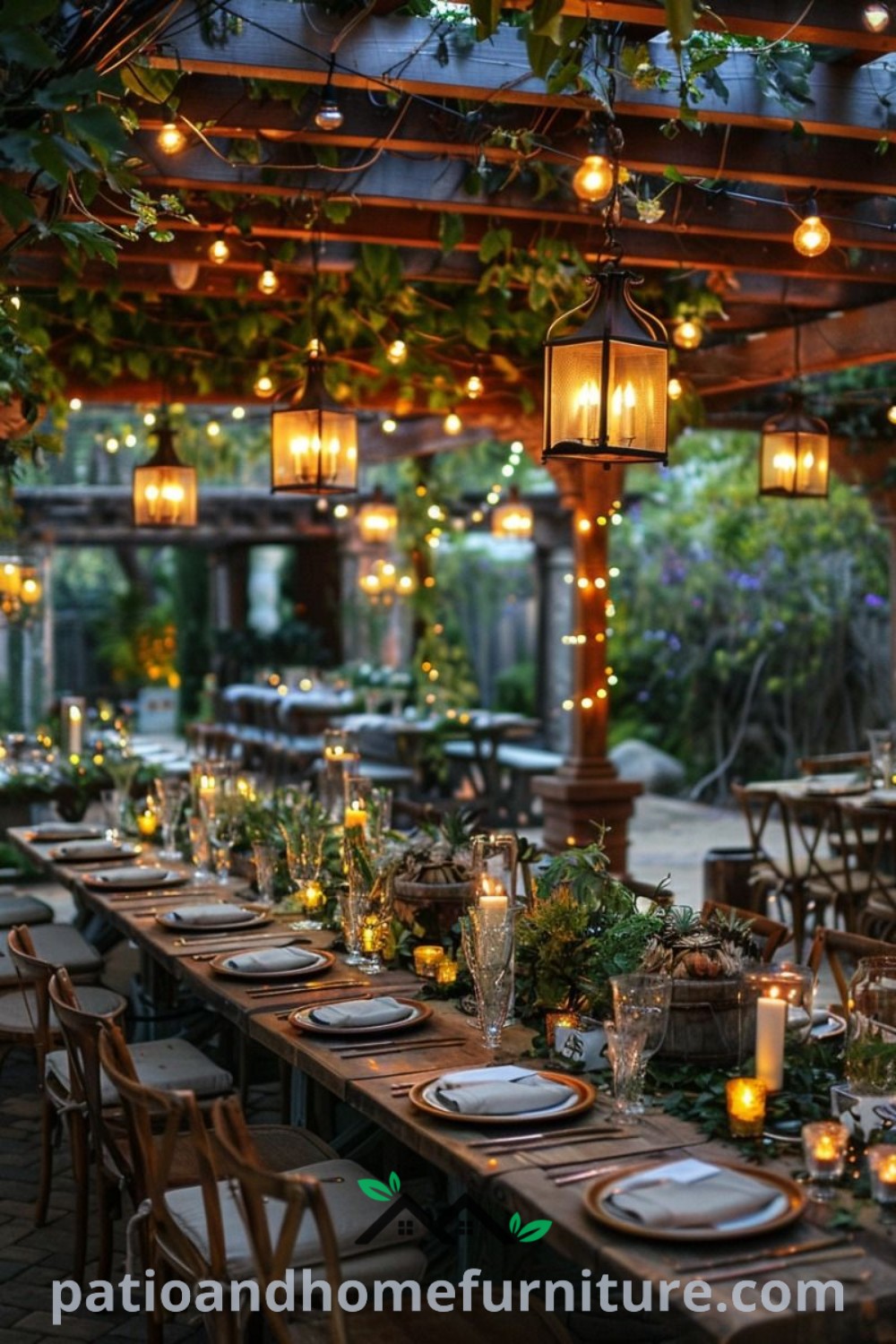Outdoor dining area beautifully decorated with lanterns, greenery, and tables set for a cozy garden party, featuring fruit centerpieces and flower arrangements, showcasing inspiring design ideas for a warm and inviting atmosphere. Visit wellnesswink.com for more unique ideas.