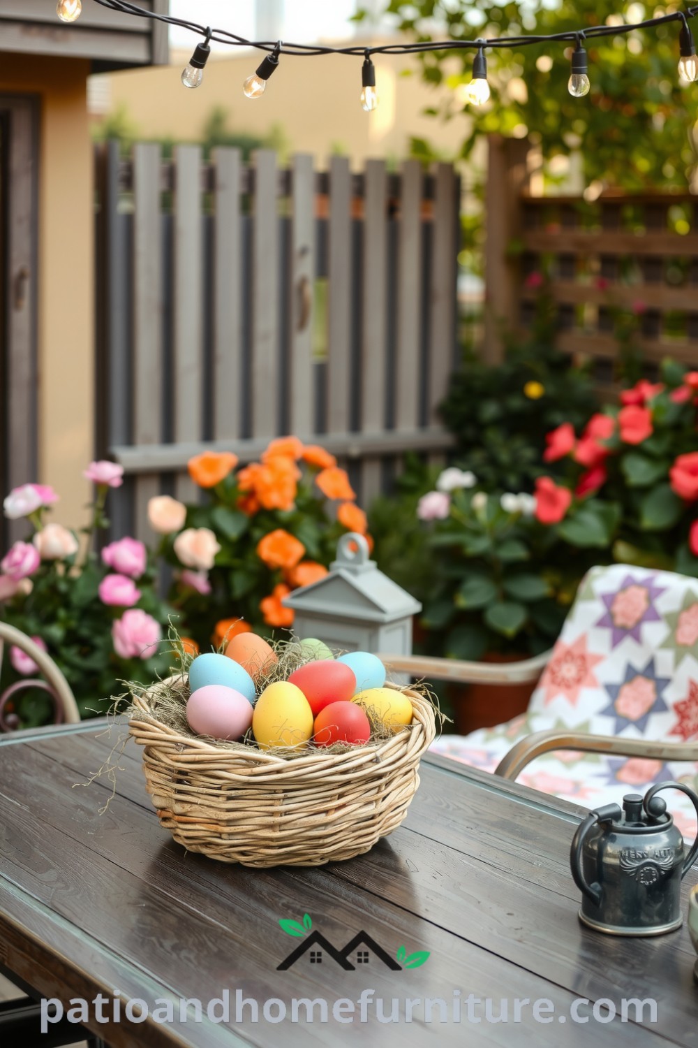 Colorful Easter eggs in a wicker basket on a patio table, surrounded by a rustic bench draped with a pastel quilt, illuminated by fairy lights, creating a warm and inviting atmosphere for festive outdoor gatherings. Visit fireplacesandwoodstoves.com for more cozy home decor ideas.