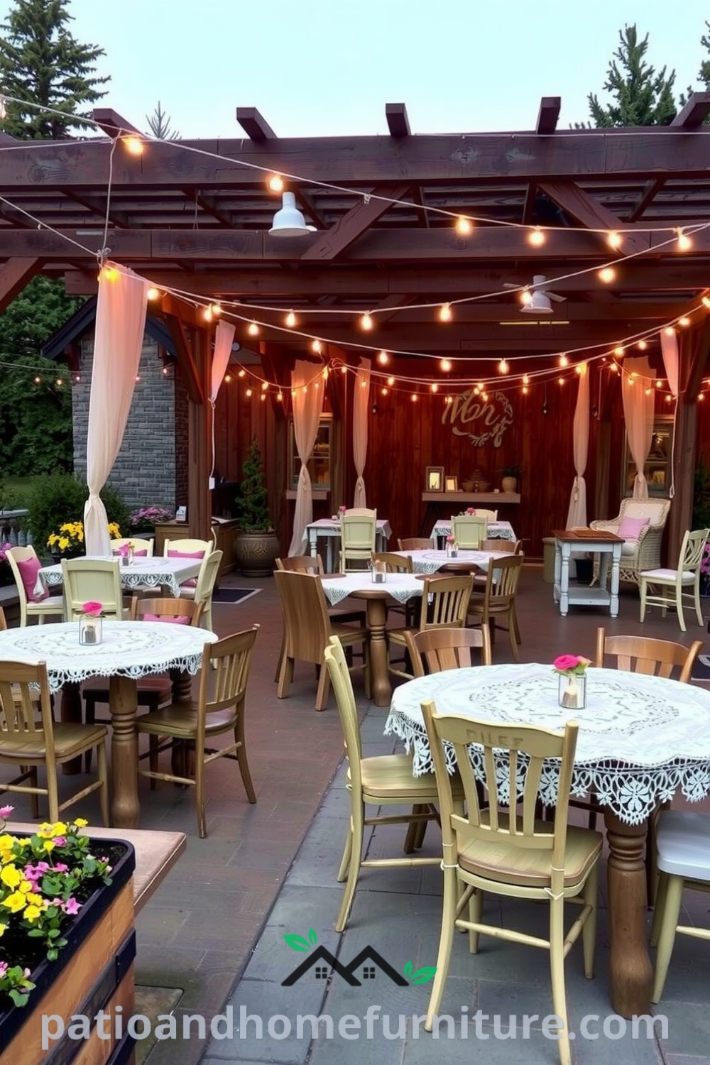 Outdoor dining area with mismatched wooden tables and chairs under a rustic pergola, surrounded by blooming flower beds and warm string lights, creating a cozy ambiance perfect for gatherings, featured on fireplacesandwoodstoves.com.