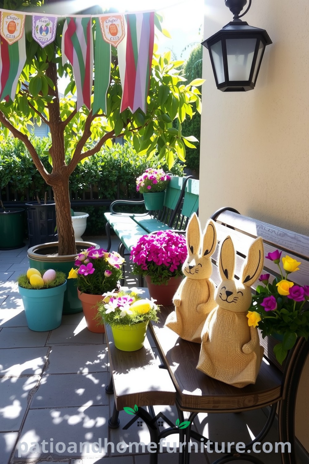 Colorful patio adorned with Easter decorations including wooden eggs, vibrant flowers, and whimsical burlap bunnies, creating a cozy and inviting outdoor space ideal for celebrating the season. Visit fireplacesandwoodstoves.com for more decor ideas.