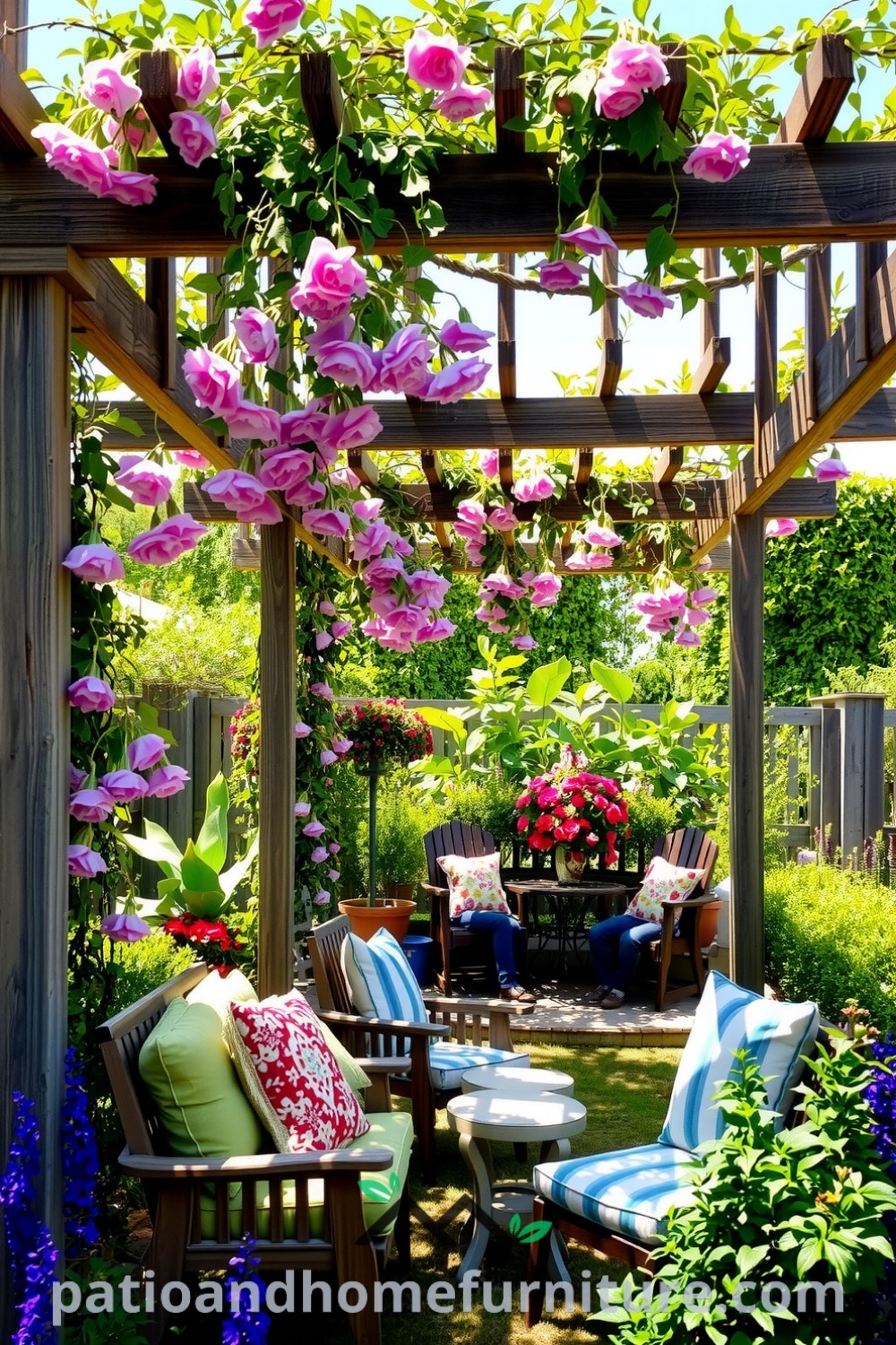 Sun-drenched backyard with a floral pergola draped in climbing vines, rustic wooden beams, and colorful garden furniture, creating a cozy retreat that inspires unique design ideas for your home, featured on fireplacesandwoodstoves.com.