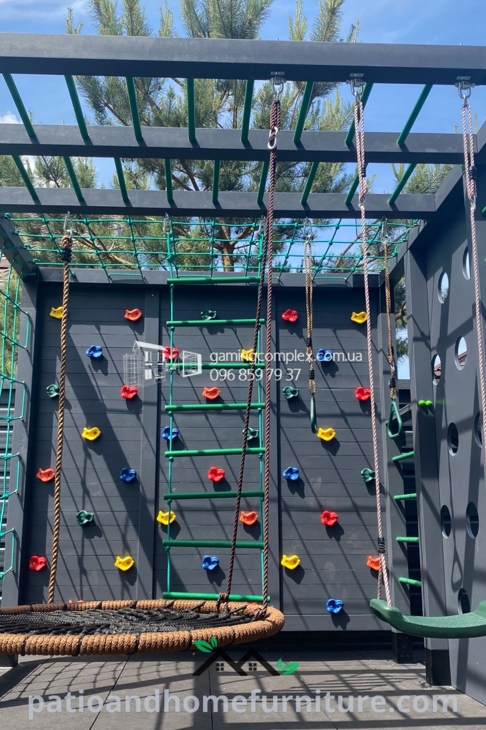 Outdoor play area with swings, climbing bars, and a cozy tree house, providing inspiring ideas for a natural playground perfect for kids