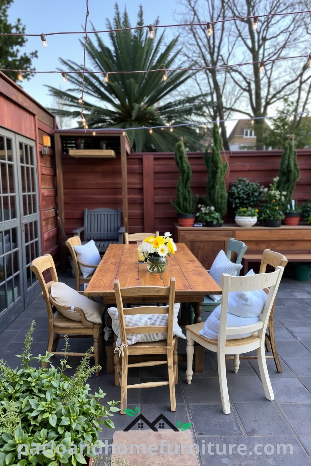 Beautiful outdoor dining area featuring a rustic wooden table, mismatched chairs with cozy cushions, twinkling fairy lights, and potted herbs, creating inviting decor ideas and cozy inspirations for your home at fireplacesandwoodstoves.com.