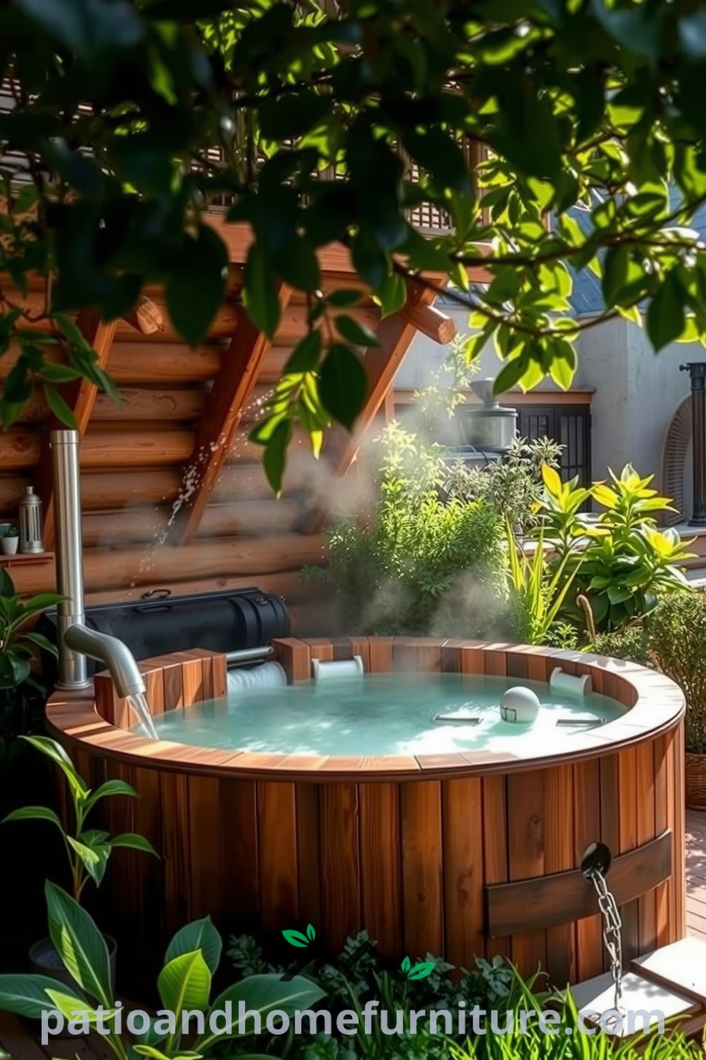Traditional wooden hot tub surrounded by lush greenery in a tranquil garden setting, with steam rising from the warm water, creating a cozy retreat for relaxation and inspiration for your home decor ideas at fireplacesandwoodstoves.com.