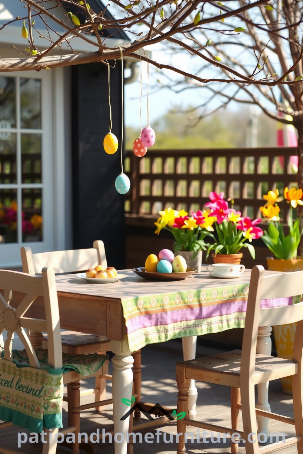 Cheerful Easter patio scene with a weathered wooden table adorned with a pastel tablecloth, mismatched chairs, brightly painted egg decorations hanging from branches, and vibrant flower pots filled with tulips and daffodils, creating a cozy ambiance perfect for gatherings. Visit fireplacesandwoodstoves.com for cozy home decor ideas.