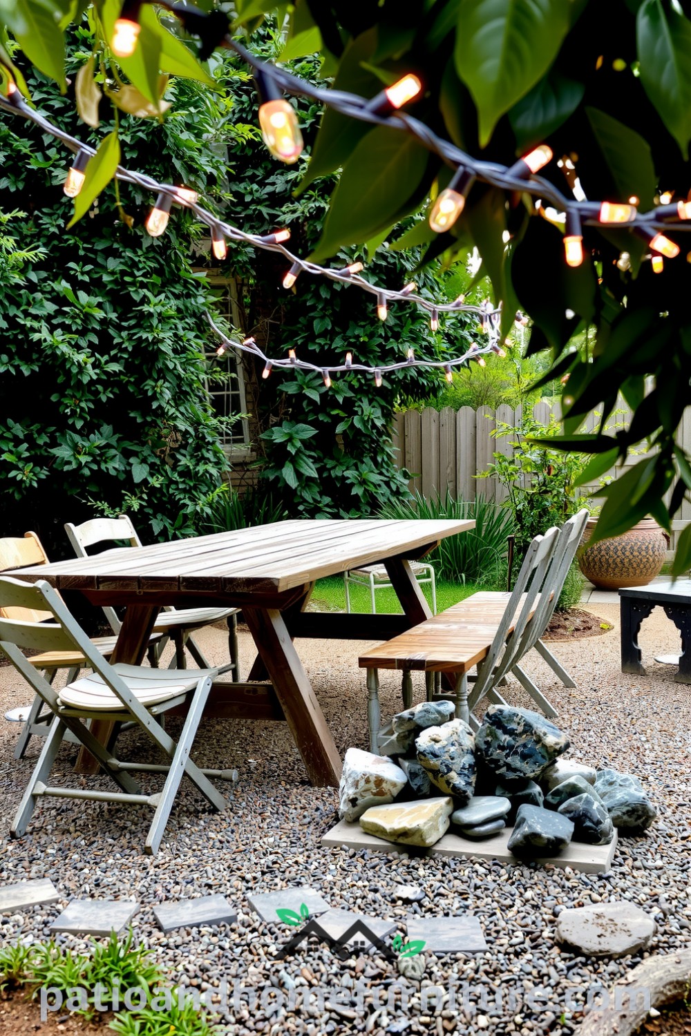 Charming backyard featuring a rustic wooden picnic table with mismatched chairs, twinkling fairy lights overhead, and a small fire pit surrounded by greenery, creating a cozy retreat perfect for evening gatherings, offering inspiring decor ideas for your home at fireplacesandwoodstoves.com.
