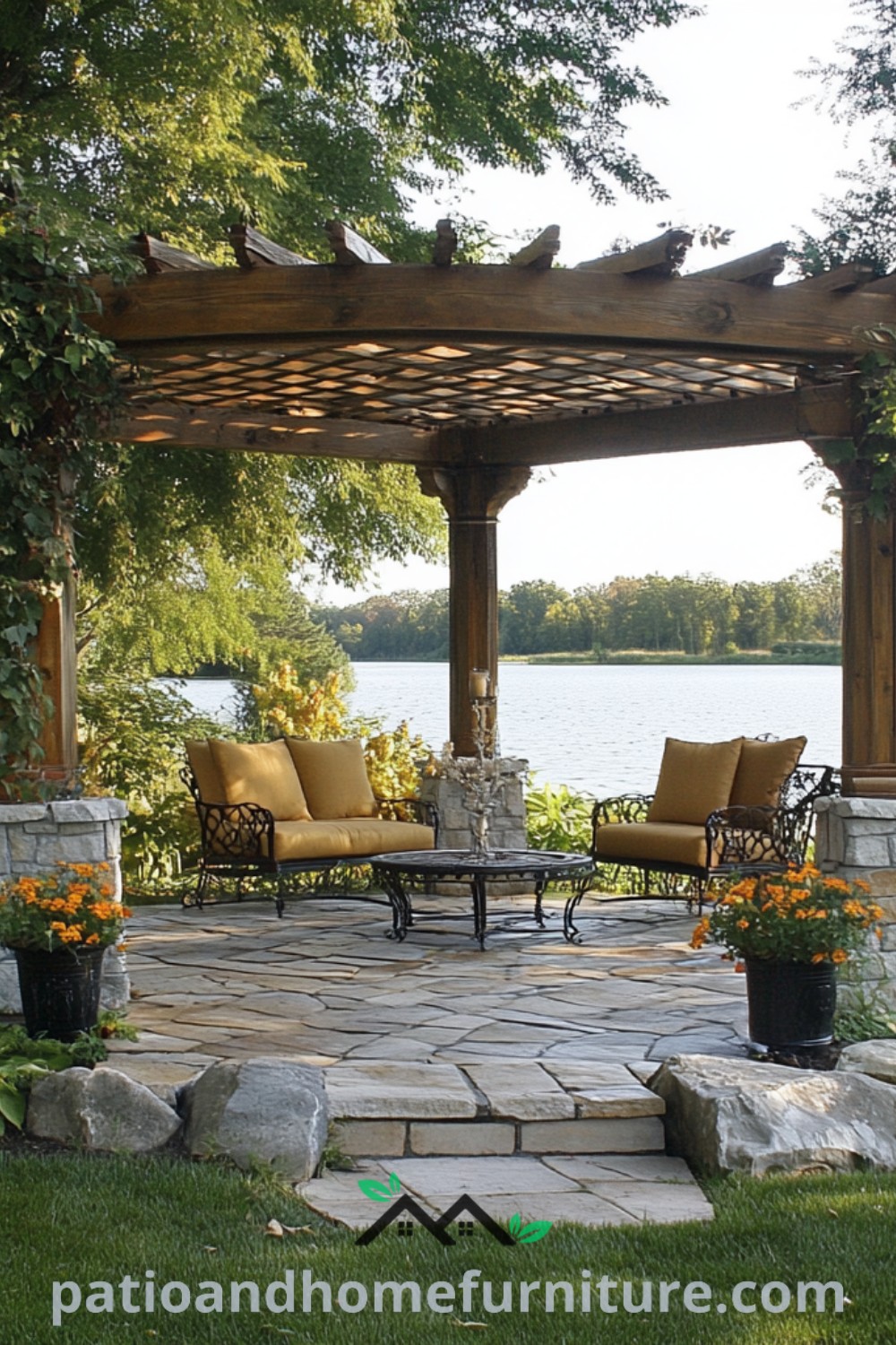 A cozy stone patio with comfortable seating, surrounded by trees near the water, featuring a pergola and inviting decor ideas, creating an inspiring outdoor retreat, perfect for relaxation and gatherings, presented by wellnesswink.com.