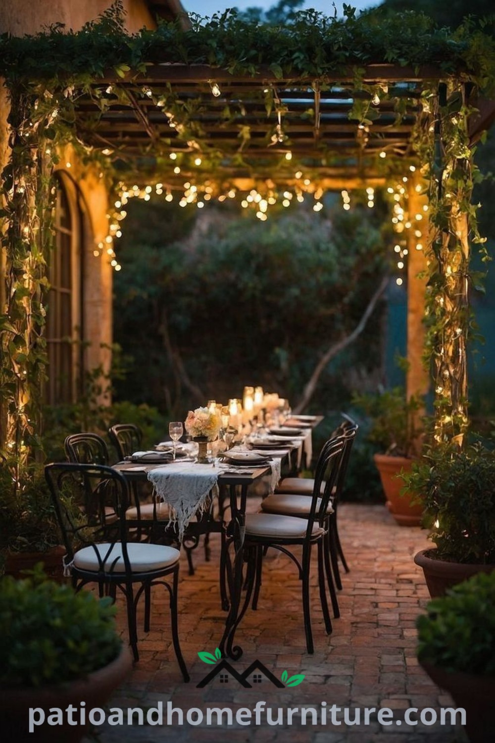 Charming outdoor dining area with string lights, surrounded by potted plants, creating a cozy ambiance for alfresco dining, with design ideas for memorable outdoor gatherings, wellnesswink.com.