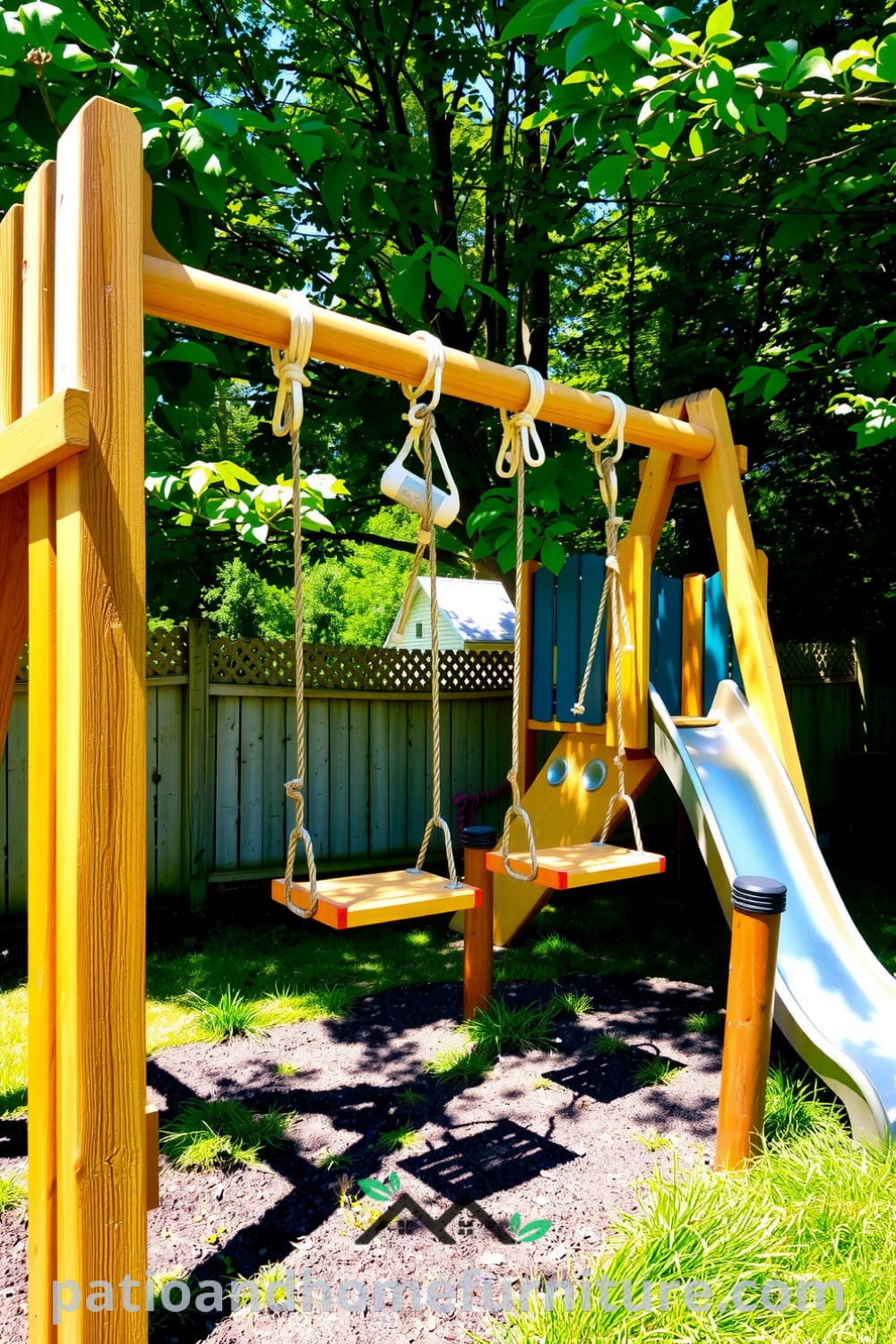 A classic wooden playset in a sunlit yard featuring weathered beams, swaying swings, and a glistening slide under dappled sunlight, with grass patches around the posts, offering cozy design ideas for an inviting playground, as seen on fireplacesandwoodstoves.com.