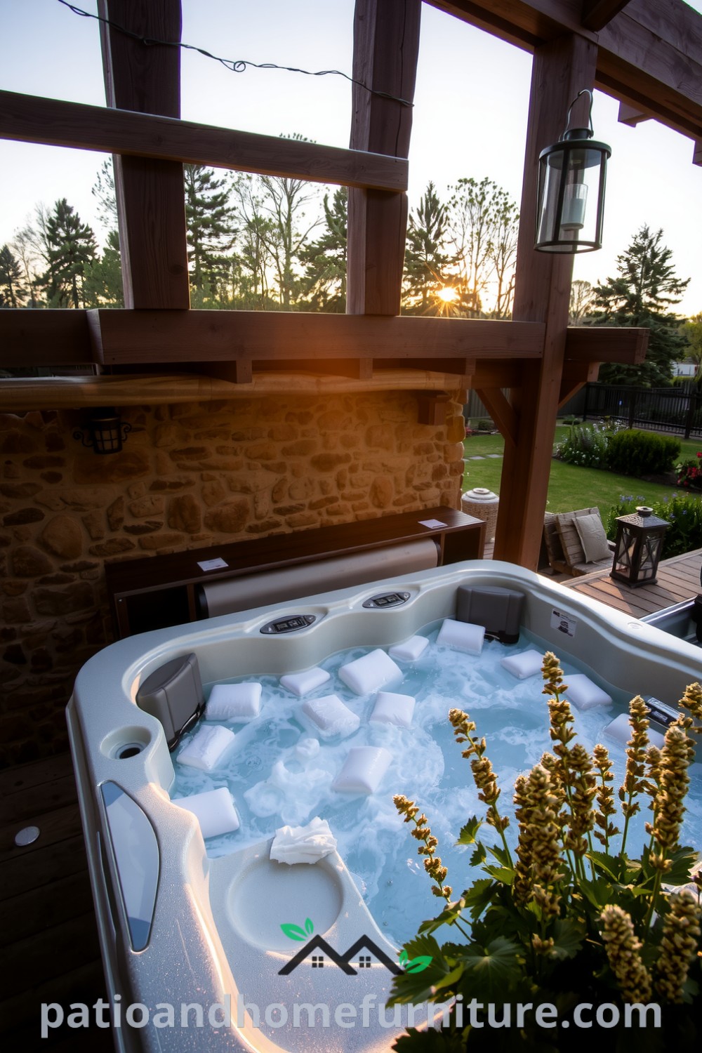 Hot tub on a wooden deck overlooking a tranquil garden with rustic stone walls and fragrant potted herbs, illuminated by flickering lanterns, providing cozy ideas for creating an inviting outdoor retreat, perfect for relaxation at fireplacesandwoodstoves.com.