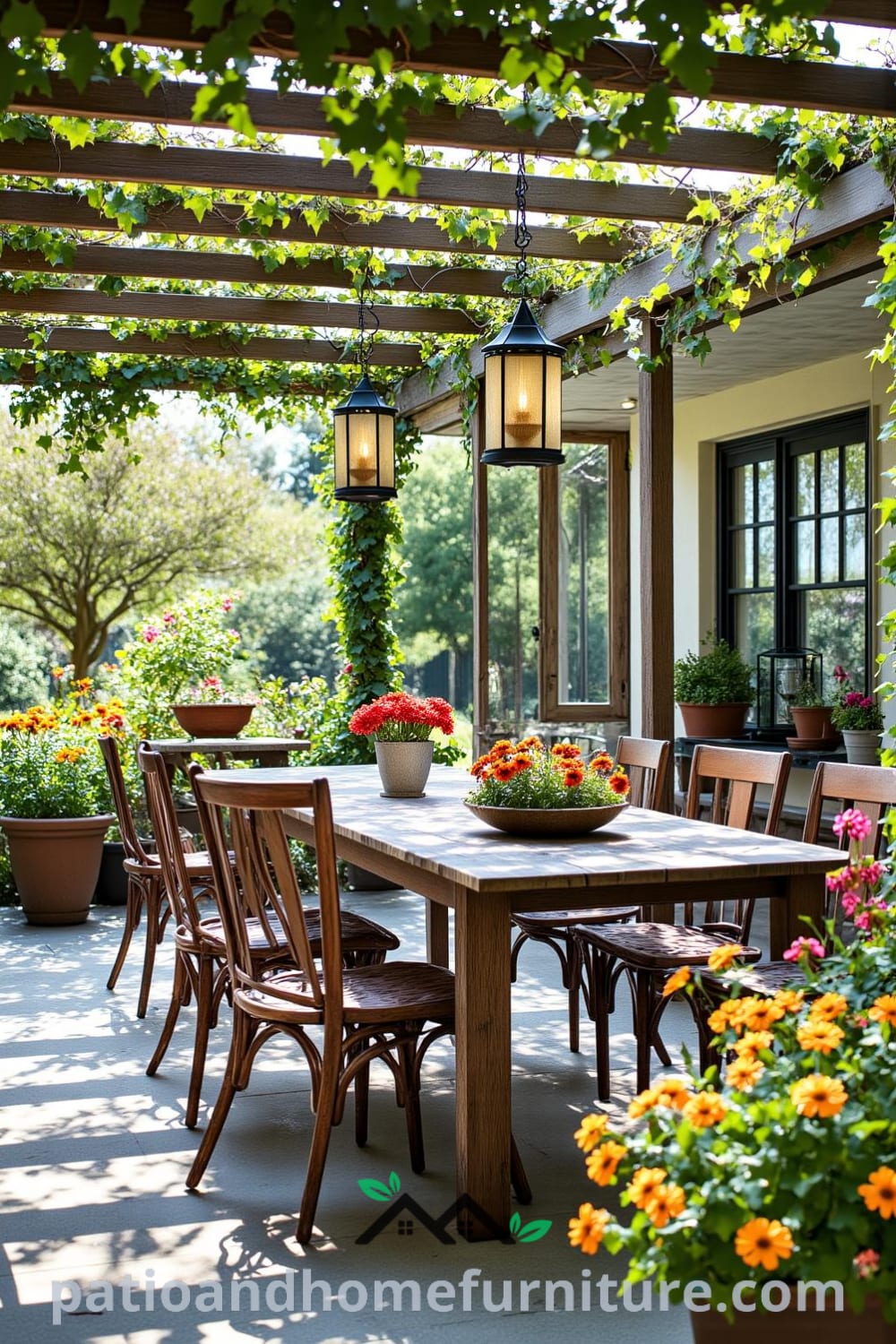 Cozy backyard dining area with a wooden pergola, climbing vines, and mismatched chairs around a rustic table, surrounded by colorful flowers, providing inspiring decor ideas for creating a cozy home atmosphere at fireplacesandwoodstoves.com.