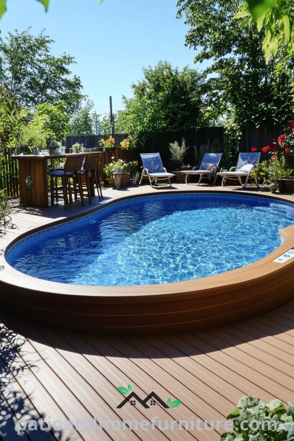 Beautiful above ground pool oasis at patioandhomefurniture.com featuring a wooden deck, relaxing lounge area, and tranquil landscaping, perfect for summer enjoyment with ideas like a backyard oasis above ground pool and deck with above ground pool design.