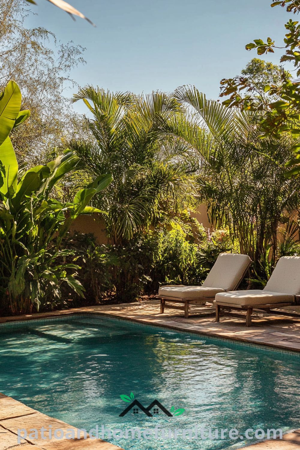 Backyard pool oasis with clear blue water reflecting the sky, surrounded by warm stone tiles and lush greenery, featuring a comfortable lounge chair, creating a cozy atmosphere for a relaxing afternoon, showcasing inspiring decor ideas for your home on fireplacesandwoodstoves.com.