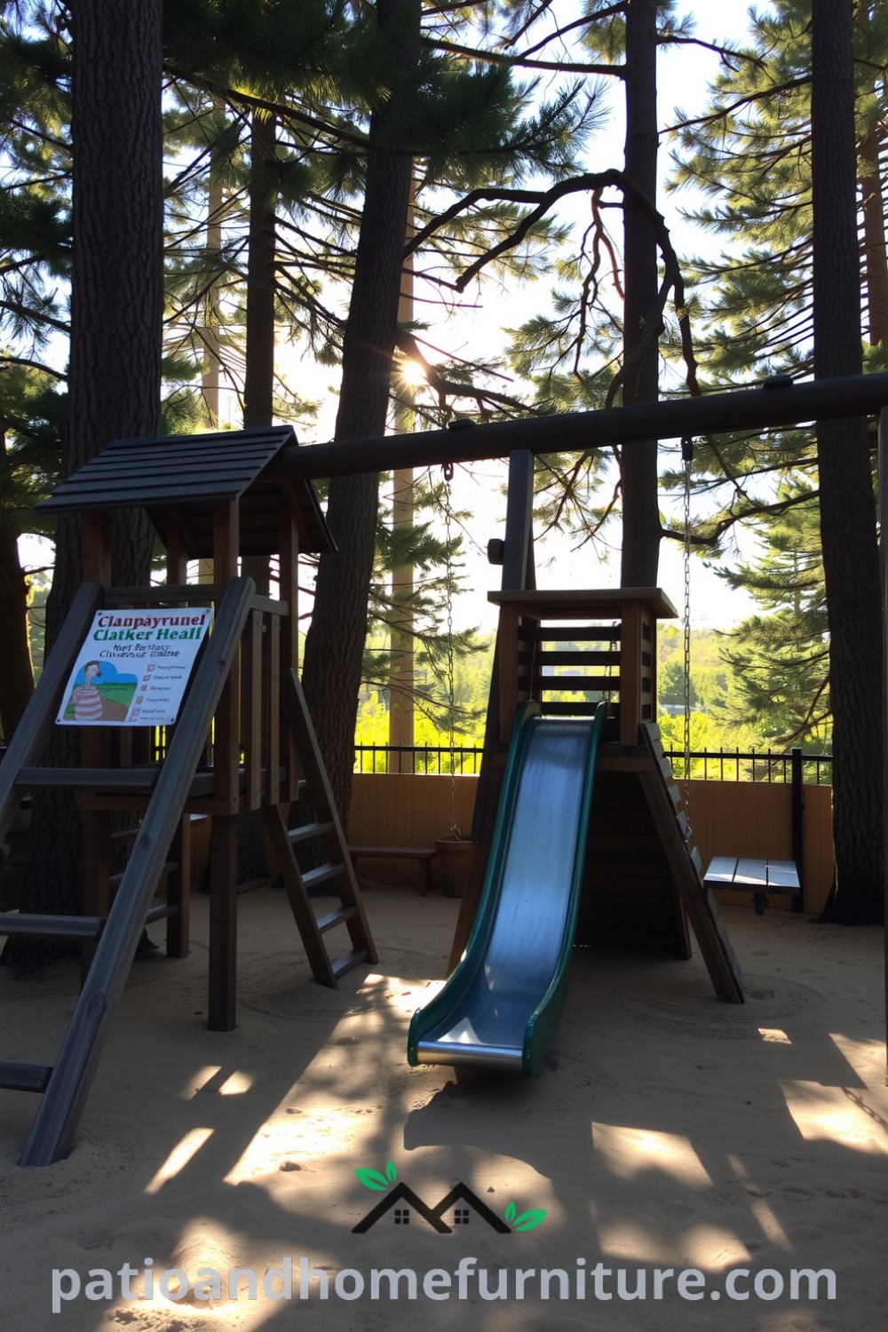 Wooden backyard playground among tall trees with a swing set and slide, creating a cozy and inviting atmosphere for children to play, perfect for joyful afternoons filled with laughter and imagination, featuring unique design ideas for outdoor spaces at fireplacesandwoodstoves.com.