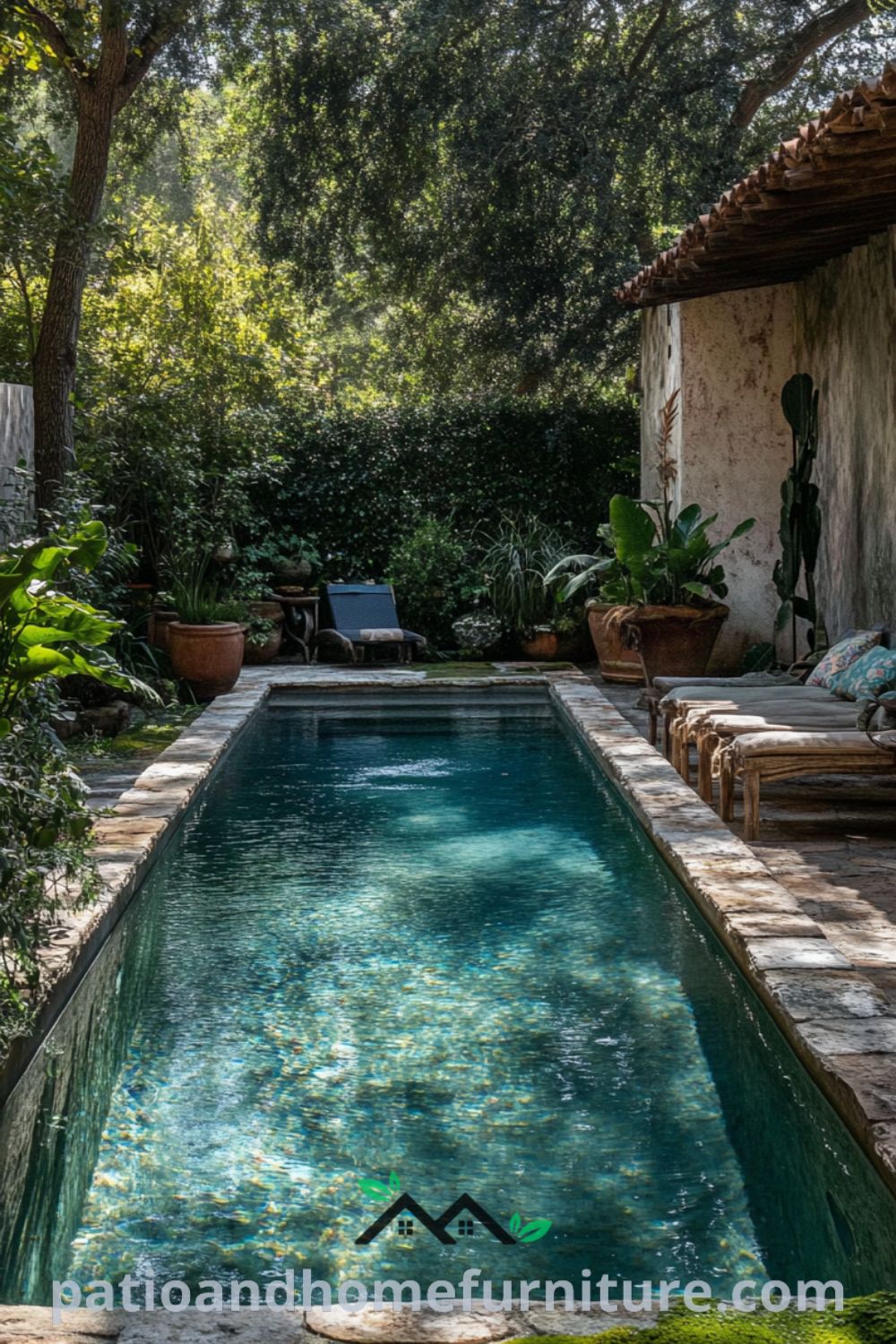 Backyard pool oasis with natural stone tiles, emerald moss, lush potted plants, and a weathered wooden lounge chair, creating a cozy and inviting atmosphere, perfect for relaxation. Discover more cozy home design ideas at fireplacesandwoodstoves.com.
