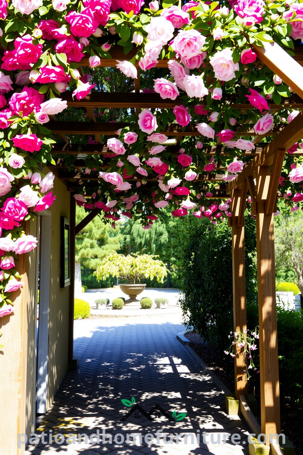 A whimsical floral pergola adorned with vibrant blossoms and weathered wooden beams cascading with green moss, creating a serene garden entrance that inspires reflections of nature, found at fireplacesandwoodstoves.com.