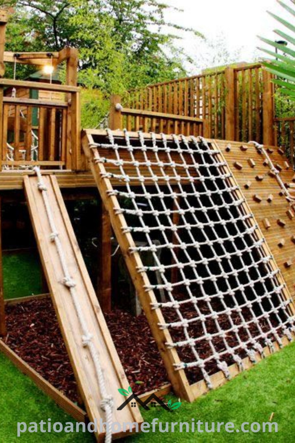 Wooden play set with a slide and climbing frame installed in a grassy area, perfect for outdoor sensory play, enhancing backyard design ideas for children, captured at wellnesswink.com.
