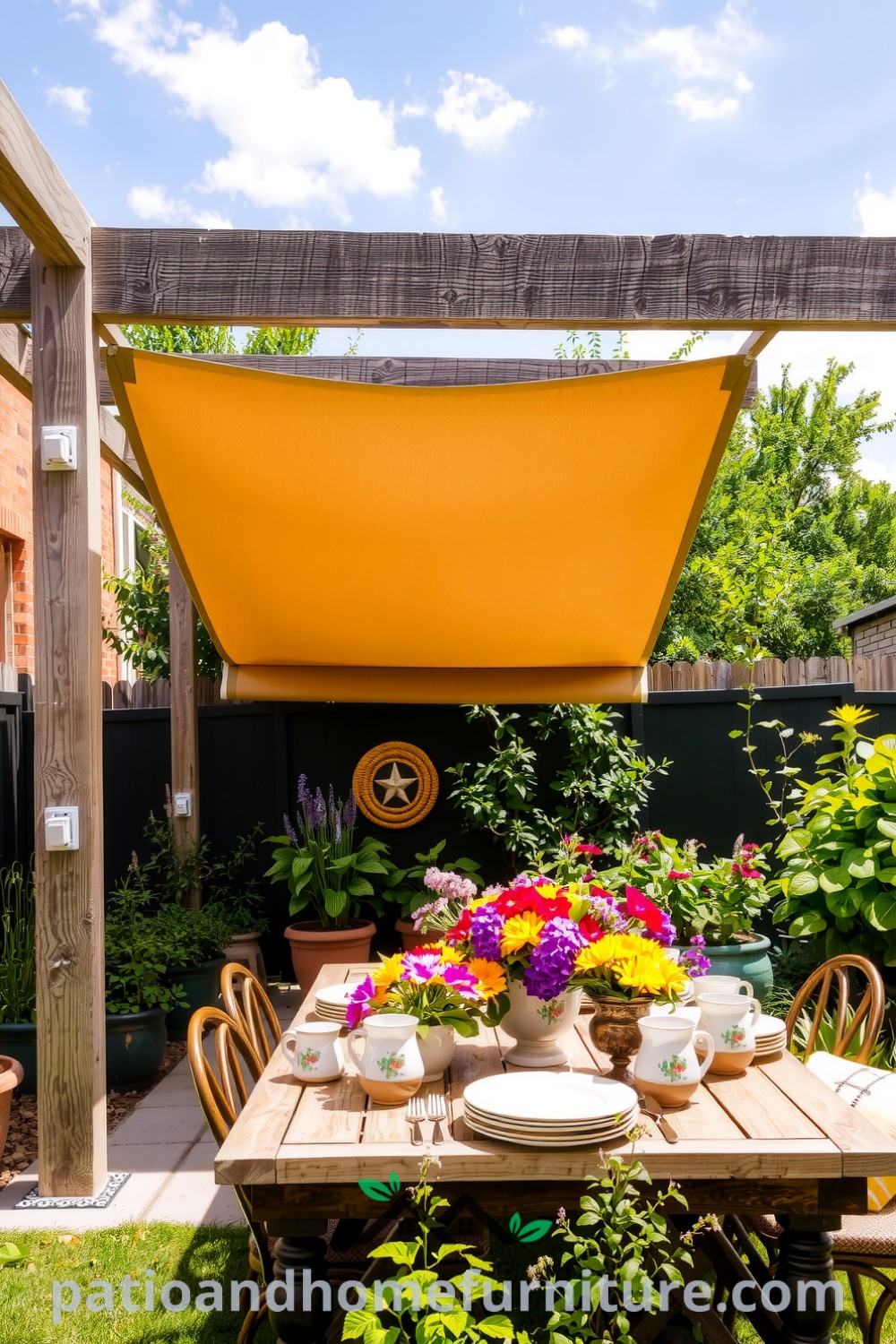 Retractable canopy pergola in a sun-drenched backyard with rustic dining table adorned with seasonal flowers and hand-painted dishes, surrounded by vibrant potted herbs and blooming plants, creating a cozy home atmosphere, perfect for family gatherings and summer meals, featuring inspiring decor ideas at fireplacesandwoodstoves.com.